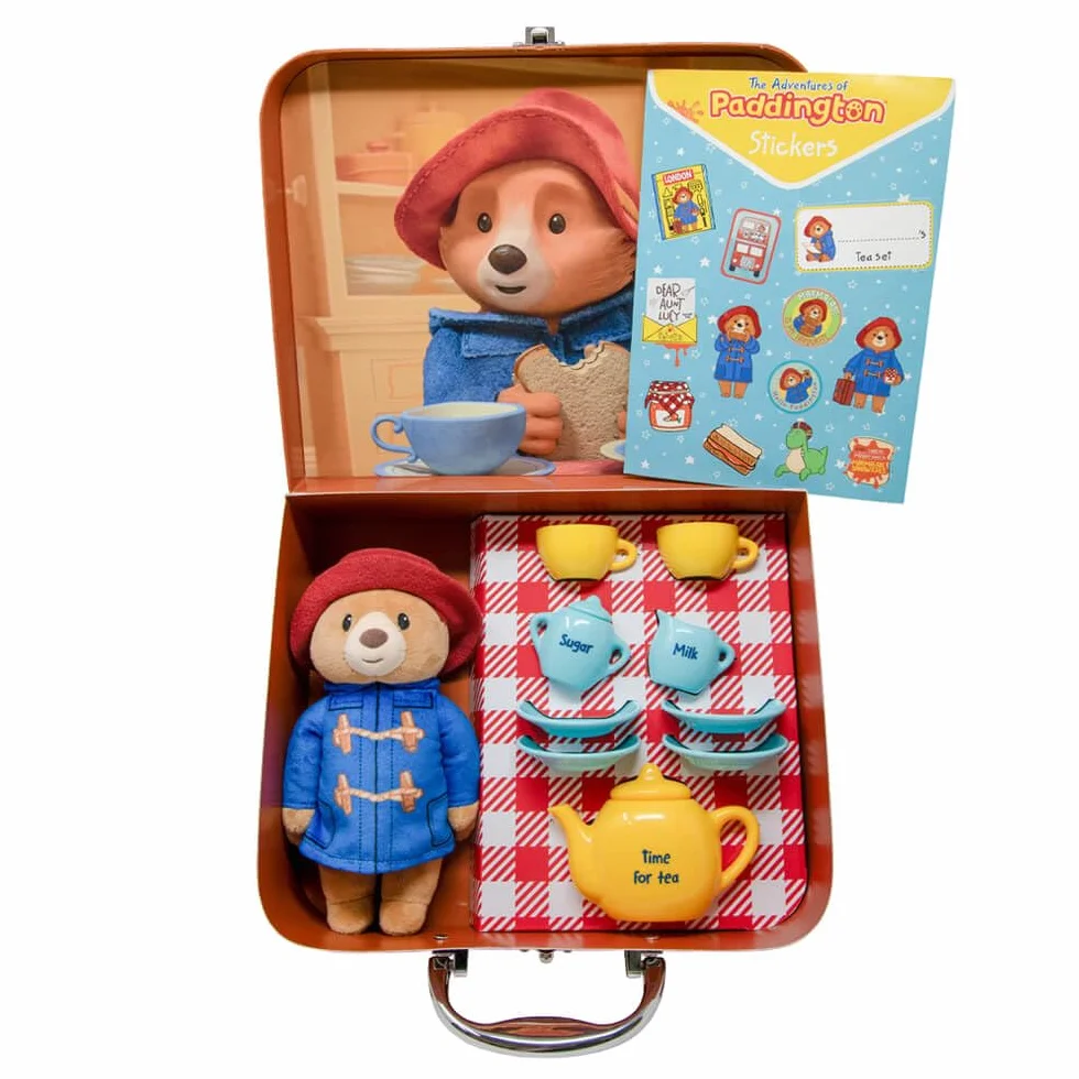 Rainbow Designs Paddington Bear's Toy Tea Set – 9-częściowy zestaw do herbaty dla dzieci z czajnikiem, kubkami, spodkami i dzbankiem na cukier – zawiera pluszową zabawkę, walizkę wielokrotnego użytku