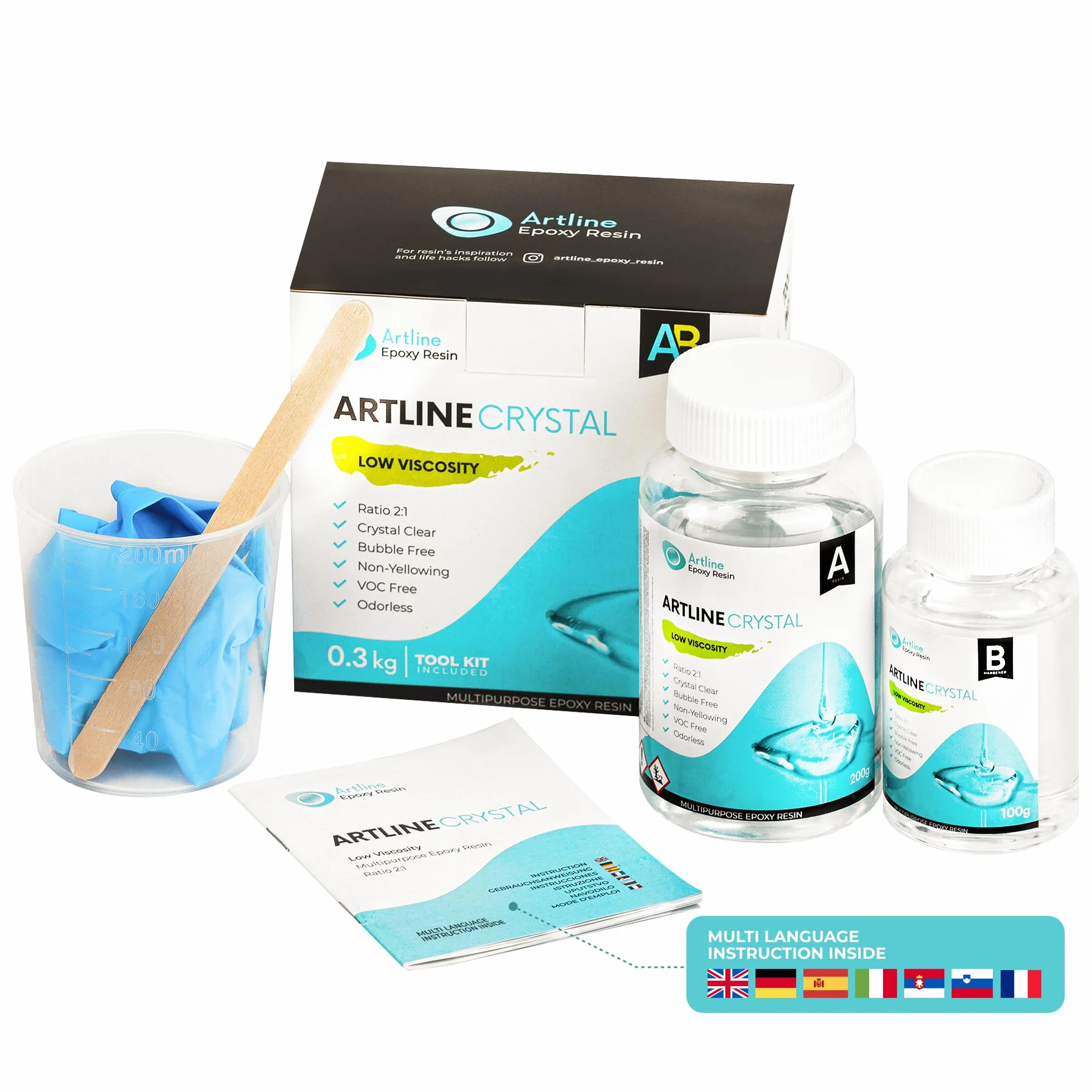 Artline Crystal Zestaw żywicy epoksydowej – 2-składnikowa żywica epoksydowa z utwardzaczem – minimalna lepkość, bezbarwna, bezzapachowa, bez pęcherzyków powietrza