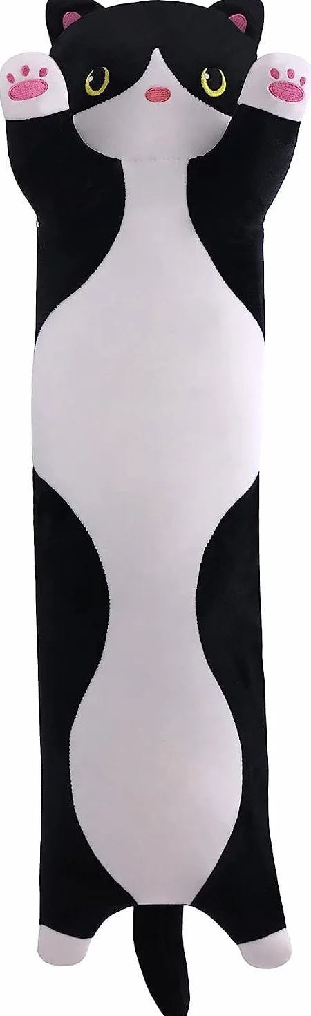 SNOWOLF Kreskówka, kot, miękka, pluszowa długa poduszka, przytulna, wypchana, urocza pluszowa lalka, zabawka, pluszowe zwierzęta, prezent, czarna, 50 cm