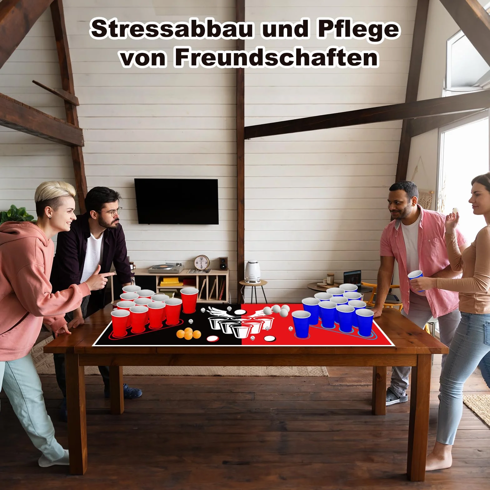Faburo Zestaw kubków do piwnego ponga, 180 x 60 cm, mata z 30 kubkami + 8 piłkami do tenisa stołowego + 10 kostkami + mata stołowa, kubek imprezowy na imprezę z piciem na imprezę, Boże Narodzenie