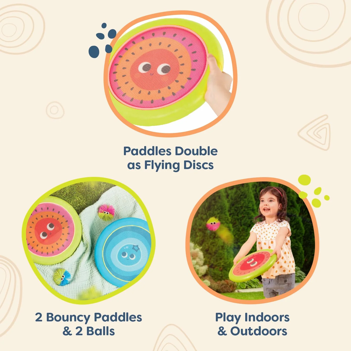 B. toys B.- Paddle Ball Game - zestaw do trampoliny ręcznej - Poppin' Paddles, 2 odbijające się krążki i 2 piłki, Catch & Toss gry sportowe dla dzieci - 3 lata +, Small, BX1916Z