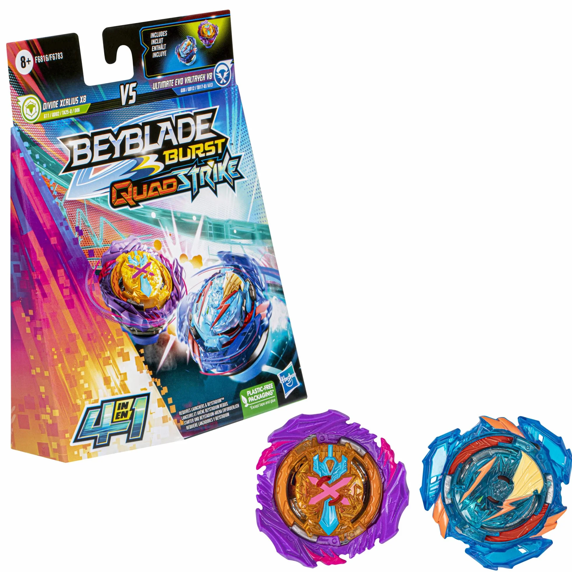Beyblade Burst QuadStrike Ultimate Evo Valtryek V8 i Divine Xcalius X8 bączek, dwupak, zabawka do walki