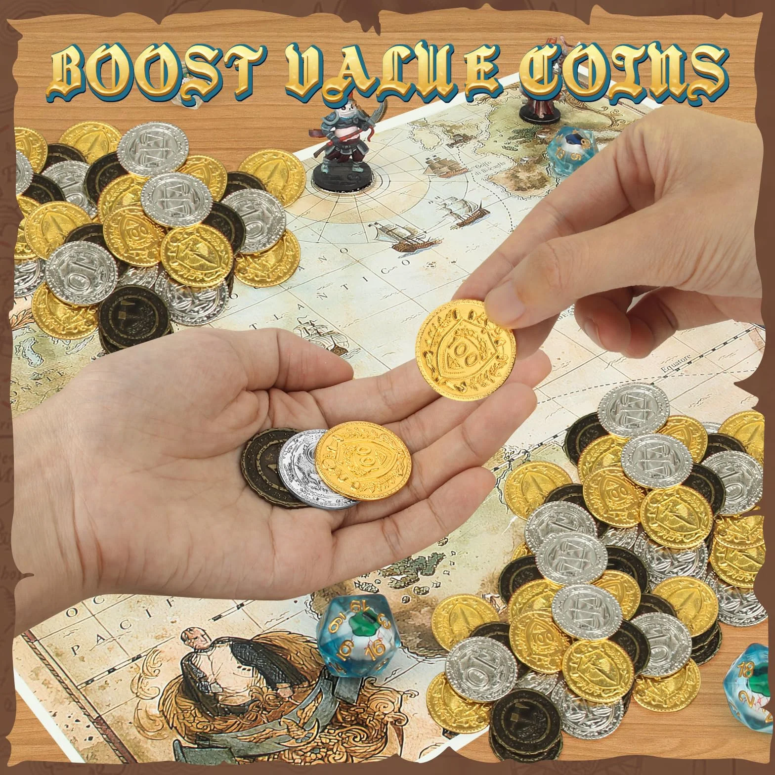 Byhoo 150 metalowych monet DND, 1,2", złote, srebrne, miedziane, o wartości nominalnej, do gry planszowej i RPG, Fantasy metalowe monety dla piratów, do zabawy, na imprezę, cosplay