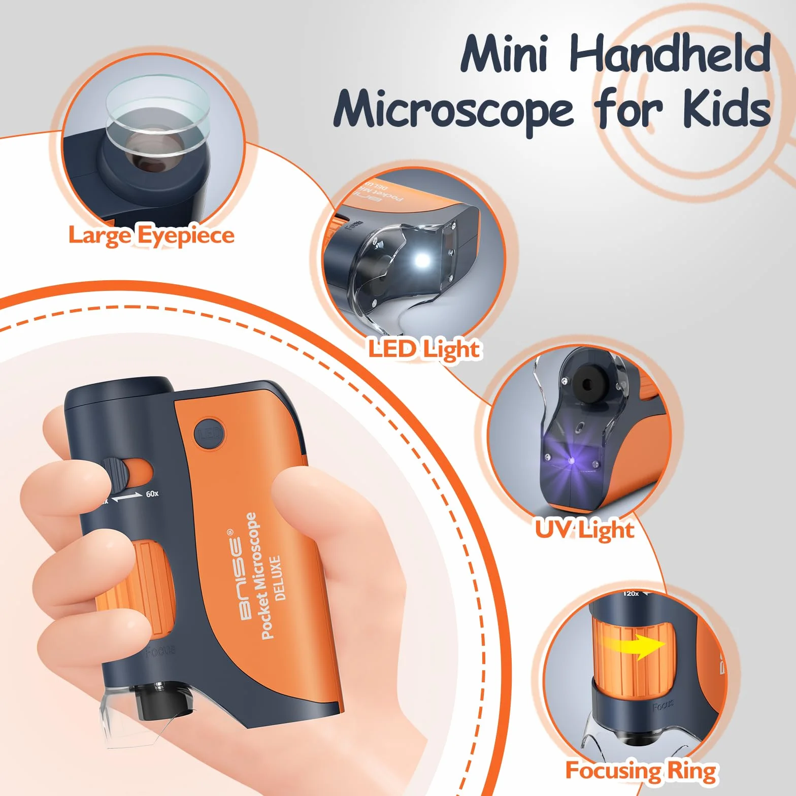 Mikroskop kieszonkowy, przenośny miniskop dla dzieci 60X-120X, ręczny mini miniskop ze światłami LED z futerałem i 5 szkiełkami mikroskopowymi do badań laboratoryjnych, zestaw edukacyjny
