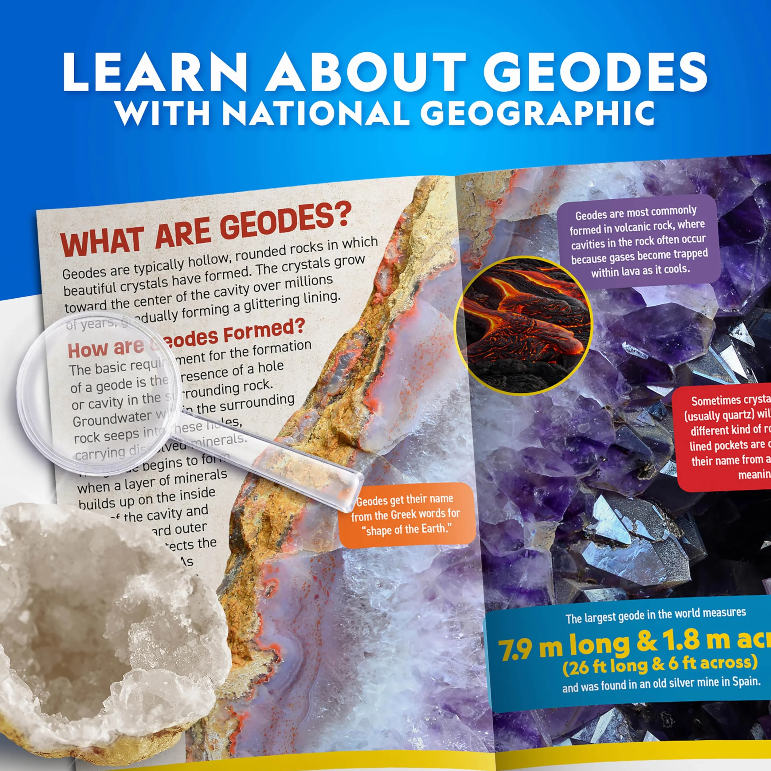 NATIONAL GEOGRAPHIC Break 15 Premium Geods - z okularami, przewodnikiem edukacyjnym, 3 ekspozytorami, doskonałą zabawką naukową i prezentem edukacyjnym