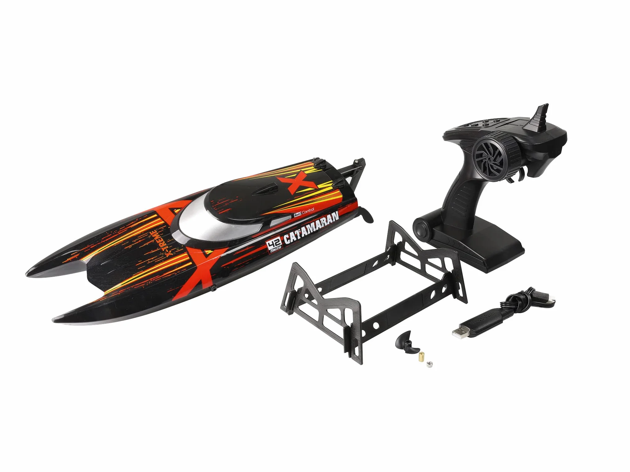 Revell Pilot zdalnego sterowania 24140 X-TREME katamaran łodzi z precyzyjnym sterowaniem 2,4 GHz, do 45 km/h, zabezpieczenie przed przewróceniem, akumulator litowo-jonowy 7,4 V, 2-kanałowy, śmigła