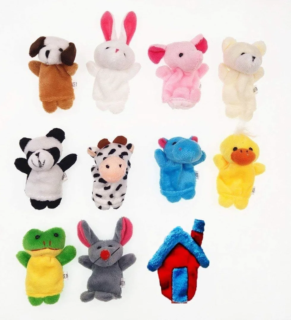 JZK 11 zwierząt palec marionetka zestaw mała pluszowa zabawka zwierzę ręka marionetka dla dzieci dzieci upominki na przyjęcie urodzinowe torby wypełniacze