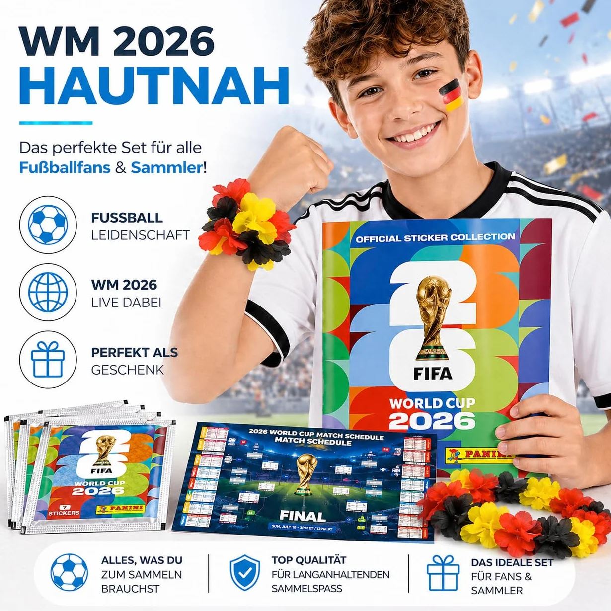 TK Gruppe Timo Klingler Panini Mistrzostwa Świata 2026 XXL Set – Album & Naklejki – Plan Meczów, Wianek Kibica, Album Kolekcjonerski do Zbierania Piłkarskich Naklejek (50 Saszetek / 350 Naklejek)