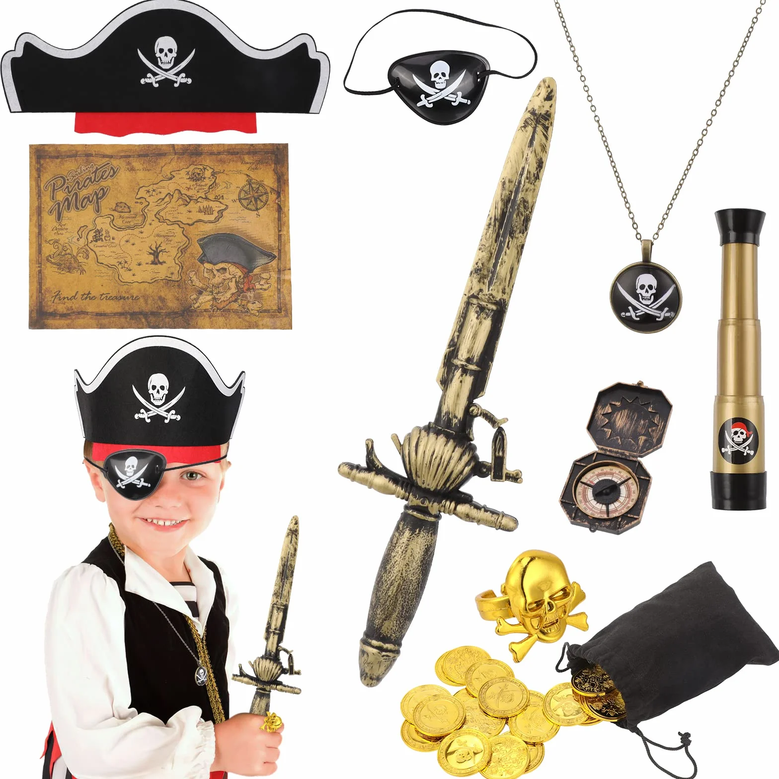 29 sztuk akcesoria do kostiumów piratów, kapeluszy, naszywki, motyw pirackiego oka kompasu, naszyjnika, monety, mapa, kostium kapitana pirata, na karnawał dla chłopców, dziewcząt