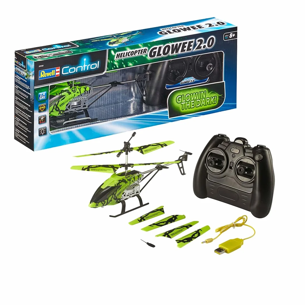 Revell Control Helicopter Glowee 2.0 I diody LED do spektakularnych efektów świetlnych, współosiowy system wirnika z żyroskopem, pilot zdalnego sterowania 3CH GHz, w zestawie ładowarka USB i zapasowy
