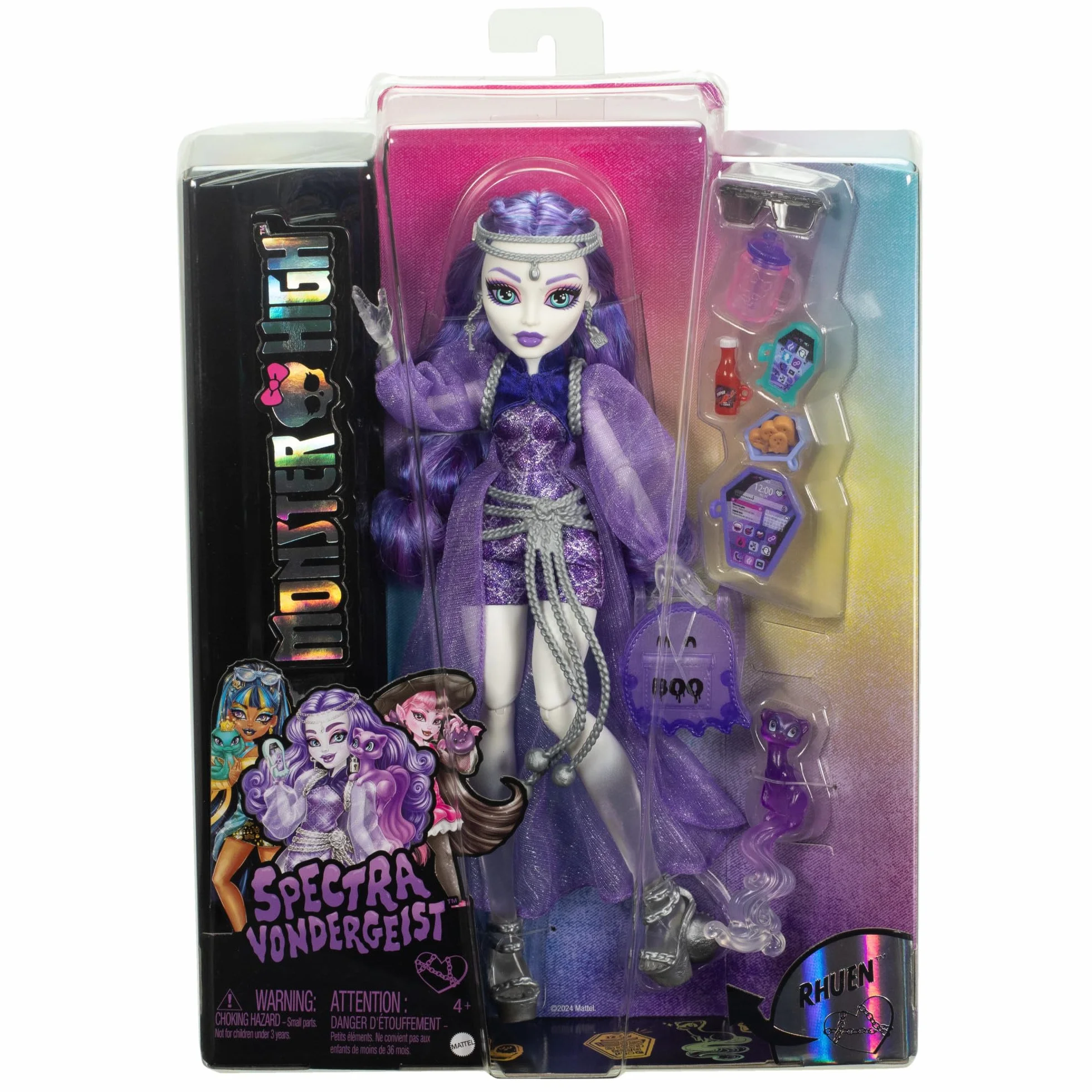 Monster High Spectra Vondergeist Lalka + zwierzątko Rhuen oraz akcesoria, takie jak plecak, „tablet” i „przekąski”, HXH77