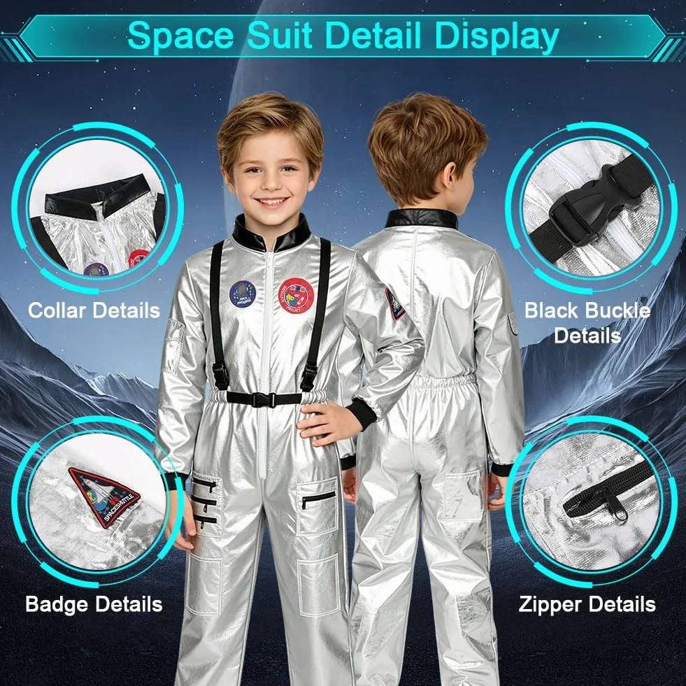 Kostium astronauta dla dzieci srebrny kosmiczny na karnawał Halloween Cosplay 3-12 lat