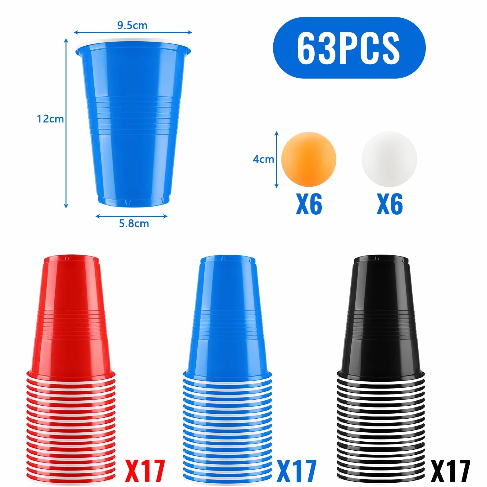 Sprifityy Zestaw kubków do piwnego ponga, kubek imprezowy zawiera 51 kubków (500 ml) i 12 piłeczek do tenisa stołowego, kubki wielokrotnego użytku, na imprezę, do gier z piciem, na imprezę, urodziny,