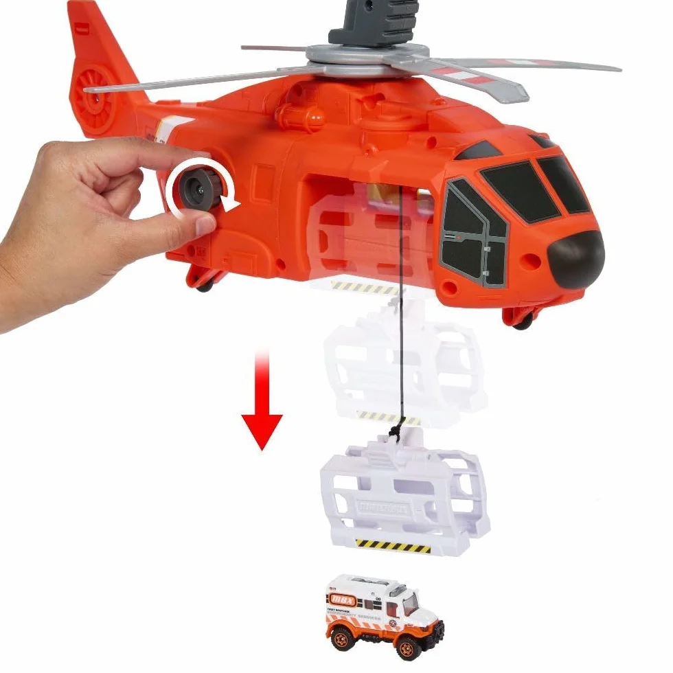 Matchbox Helikopter ratunkowy Zestaw z dużym helikopterem (40,5 cm) przekształcającym się w stację ratowniczą, śmigłem napędzanym ręcznie i metalową karetką w skali 1:64, HXM74
