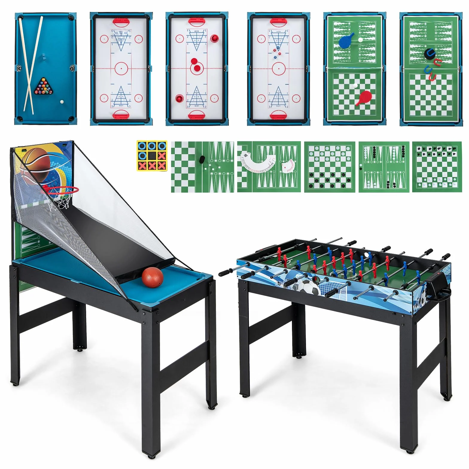 COSTWAY Zestaw stołowy 14 w 1, wielofunkcyjny, z piłkarzykami, hokejem, bilardem, tenisem stołowym, kręgielnim, shuffleboardem, szachami, kobietami i backgammonami, stół kombi dla dzieci i dorosłych