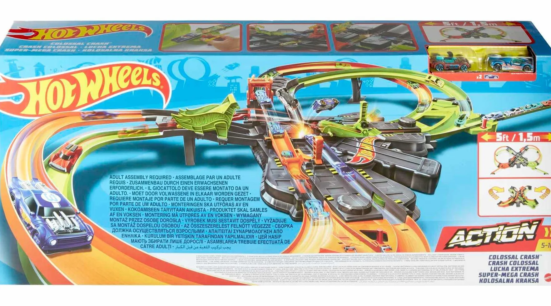 Hot Wheels GFH87 Super Mega Crash duża tora wyścigowa z 8 zakrętami w rozmiarze XXL 1,5 m szerokości zestaw do gry z przyspieszeniem, zabawka dla dzieci od 5 lat, zastrzeżone różnice w opakowaniu