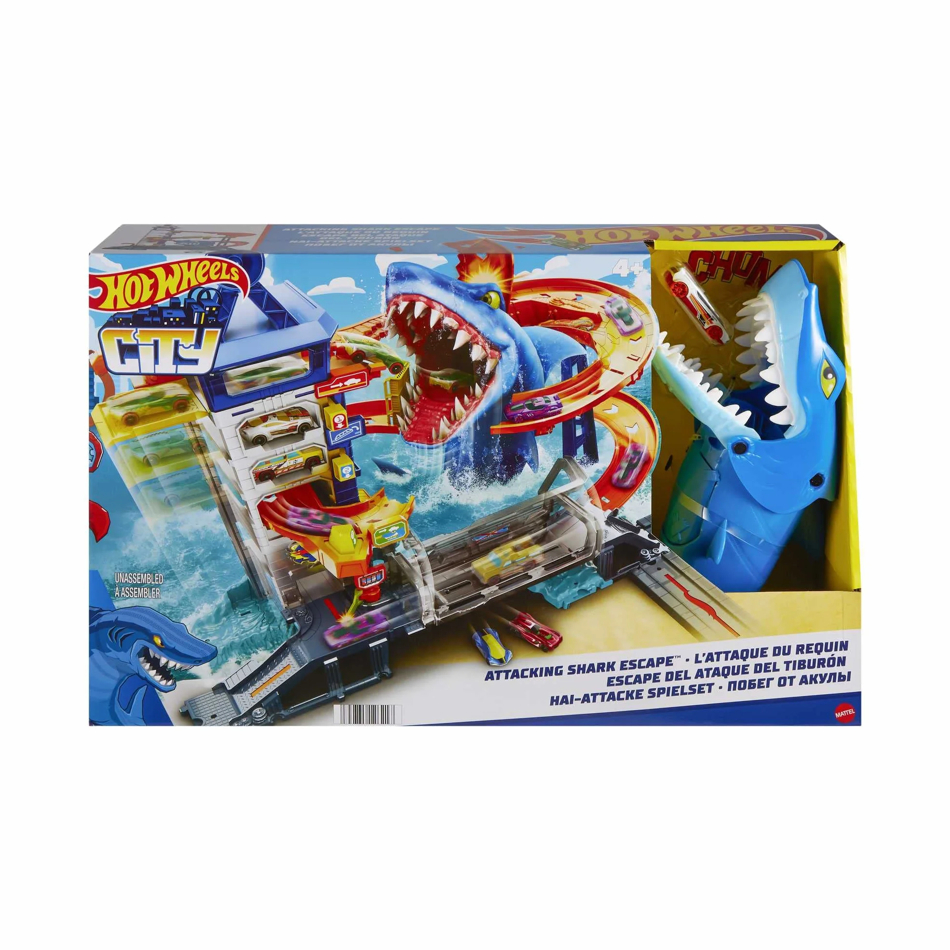 Hot Wheels Miejski port – Atak rekina Zestaw torów do zabawy, tor z przeciwnikiem + 1 samochodzik Hot Wheels, łączy się z innymi zestawami, zabawka dla dzieci w wieku od 4 lat, HMF86