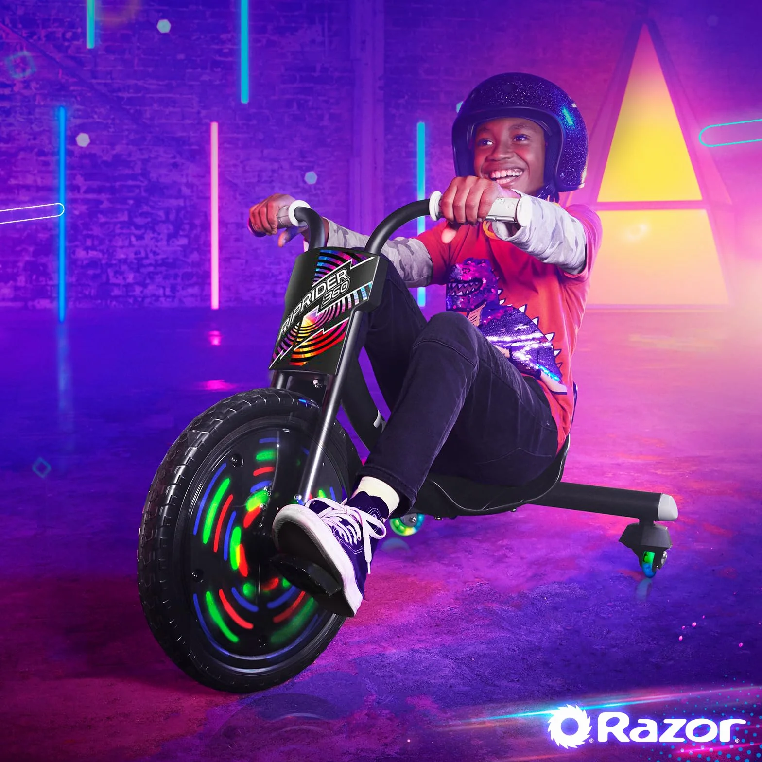 Razor RipRider 360 Lightshow - Trike z odlewami tylnymi i aktywowanymi ruchem wielokolorowymi światłami, 3-kołowy drifting dla dzieci w wieku 5 i powyżej