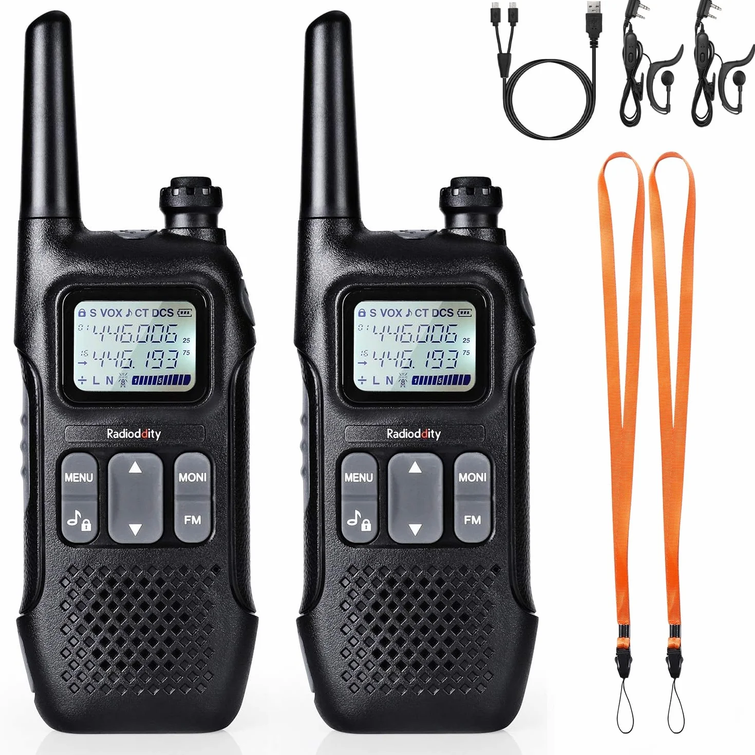 Radioddity PR-T1 PMR446 zestaw 2 krótkofalówek z wyświetlaczem LCD, Walkie Talkie, zasięg 4 km, 16 kanałów, bez licencji, akumulator, do aktywności na świeżym powietrzu, na kemping
