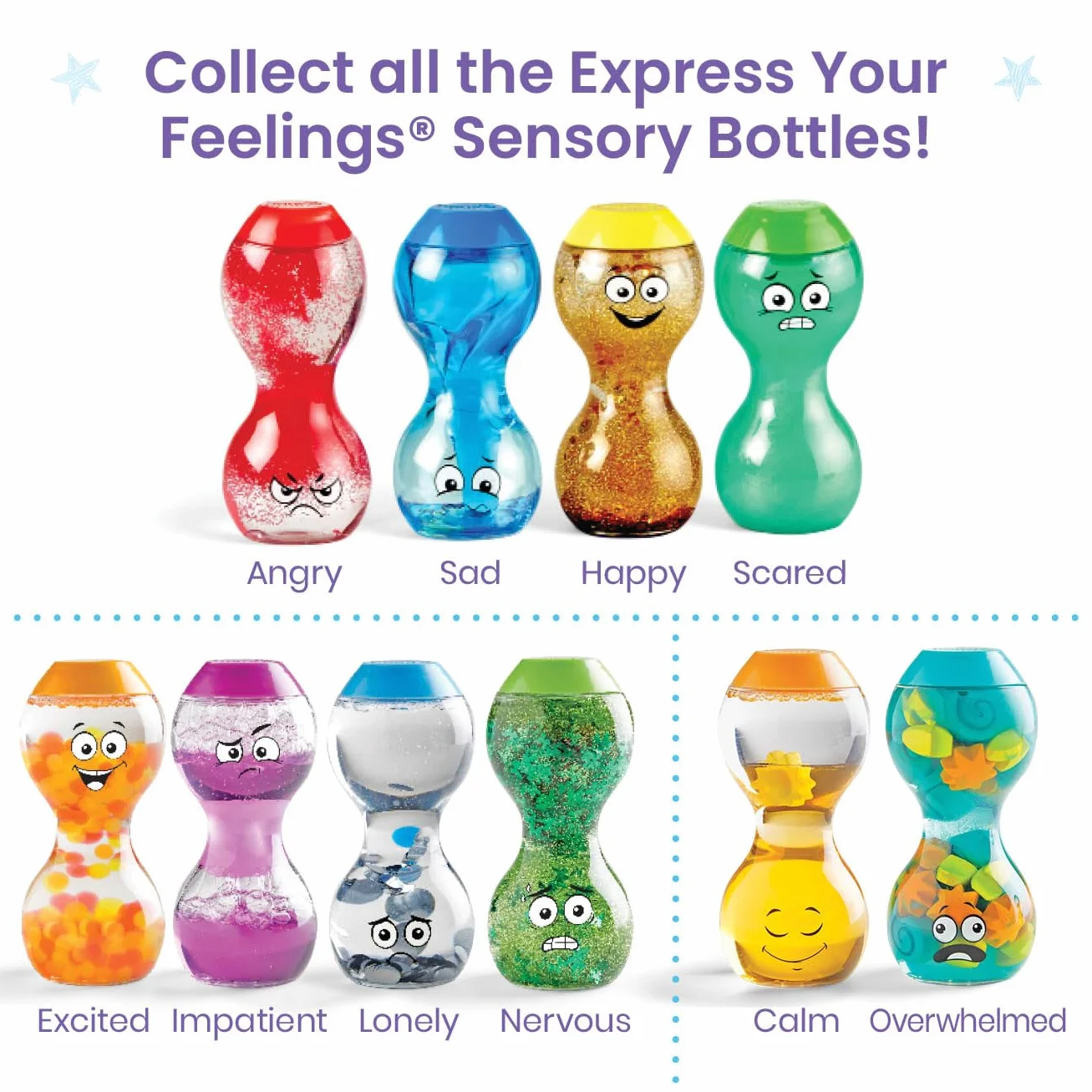 Learning Resources – Tuby sensoryczne „Express Your Feelings”, Podekscytowanie, Niecierpliwość, Samotność, Zdenerwowanie, Dzieci 3+, Zabawki do rozpoznawania emocji, Zabawki do ściskania