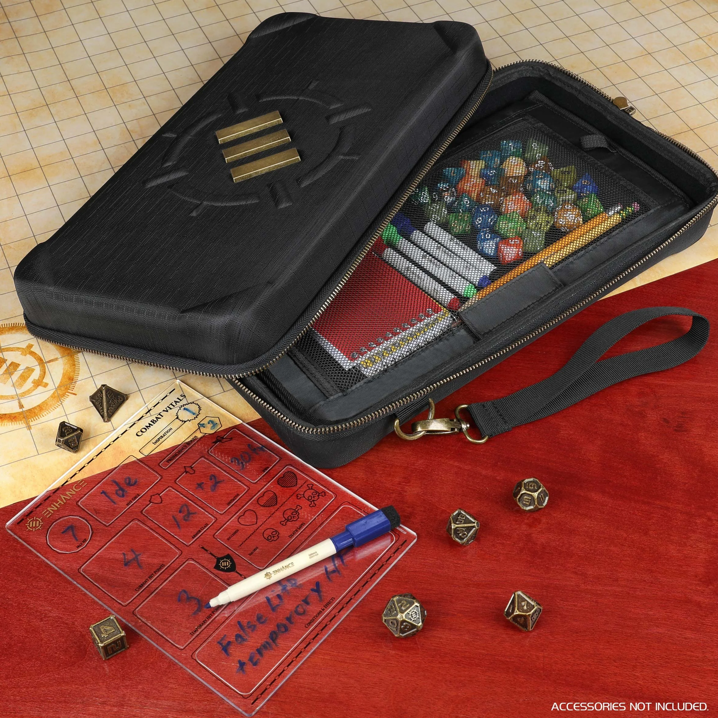 ENHANCE Tabletop Community DnD Dice Case and Tray - uchwyt na kości, przechowywanie do 500 kości RPG, wytrzymały konstrukcja ochronna, miękki wnętrze i kieszenie organizera