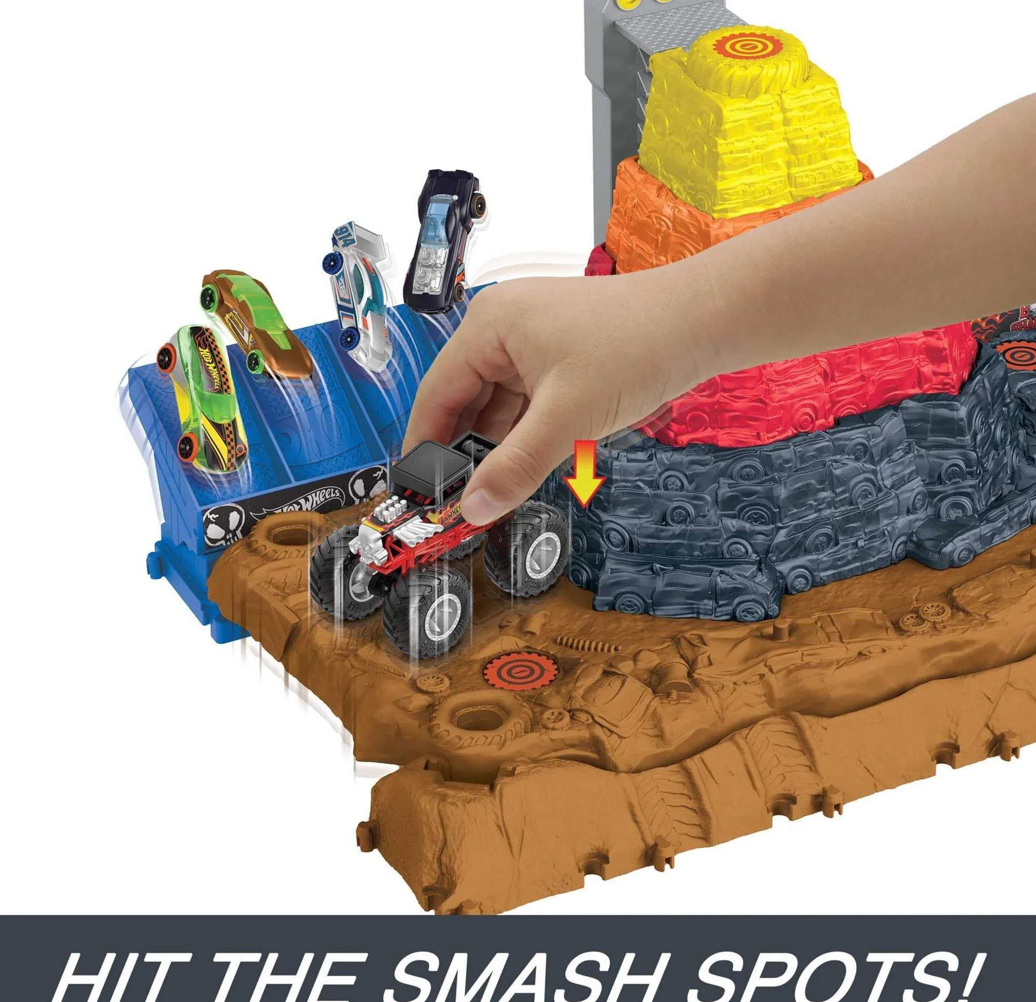 Hot Wheels Monster Trucks Arena Smashers Bone Shaker Piramida demolki Zestaw z 1 pojazdem i 3 autkami HNB96