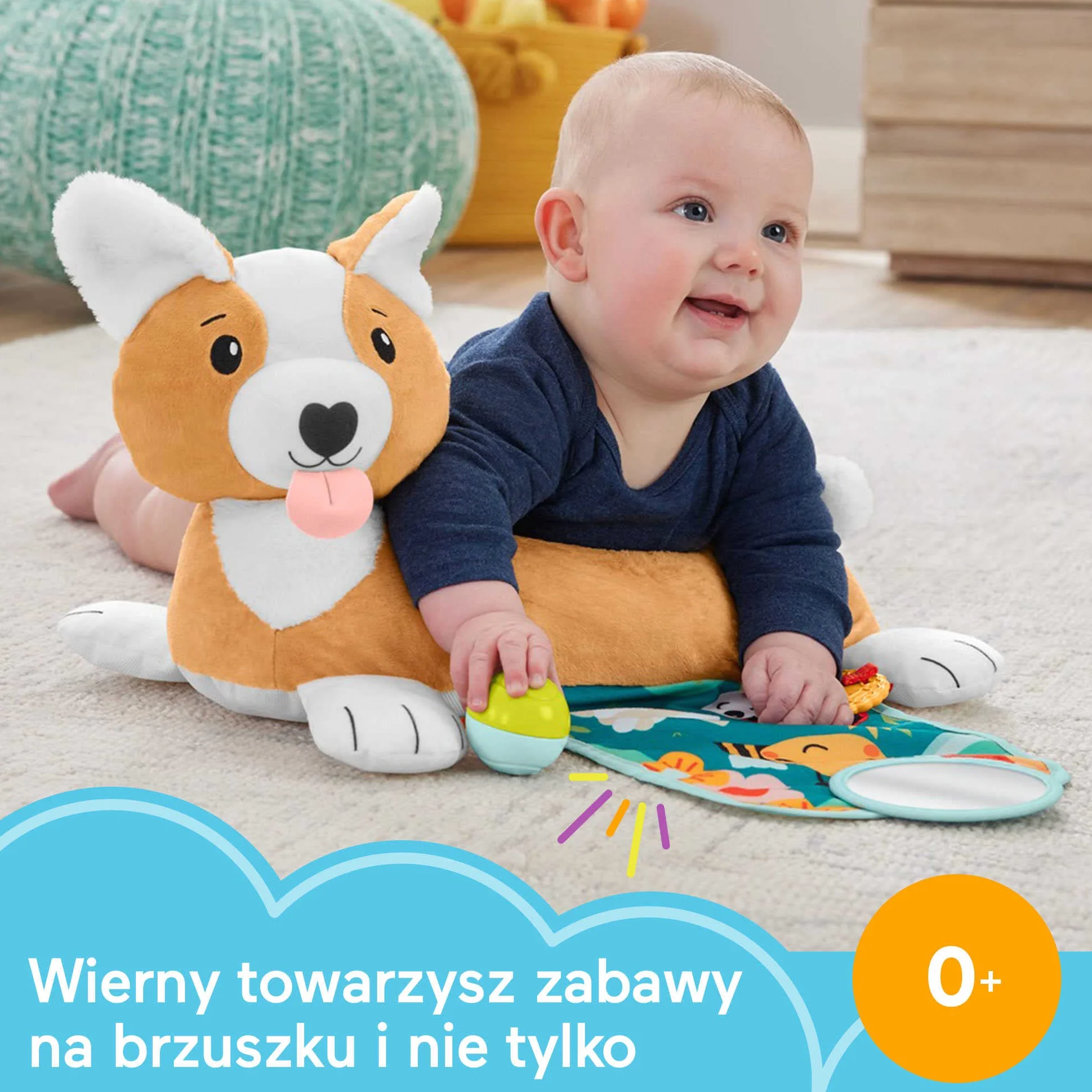 Fisher-Price Piesek 3 w 1 Poduszeczka pod brzuszek z grzechotką, gryzaczkiem bez bisfenolu A i lusterkiem, HJW10