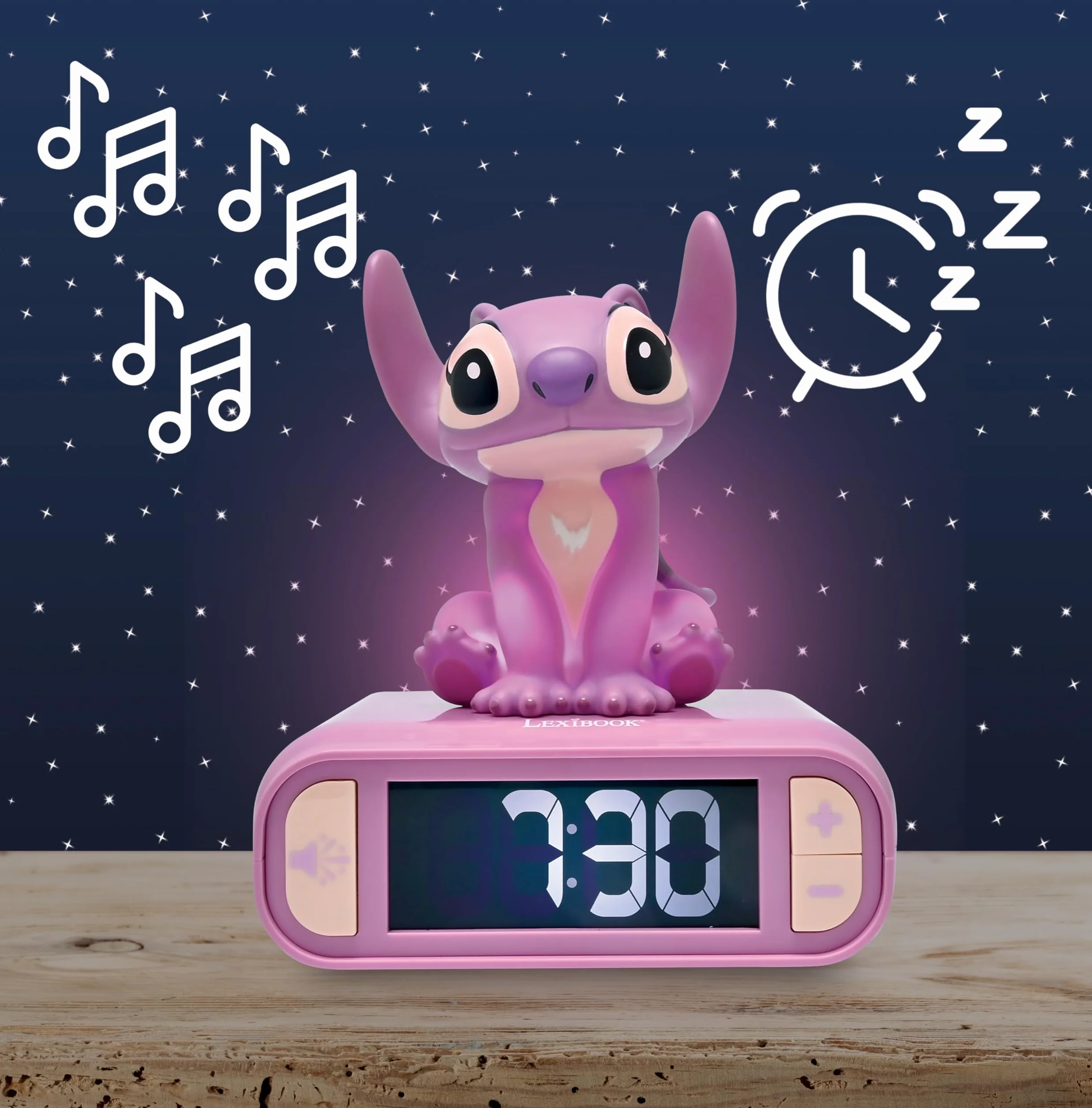 Lexibook, Disney Stitch, Budzik z Lampką Nocną Angel, Dźwięki i Melodie, Podświetlany Ekran LCD, LuminoUS, Drzemka, Różowy, RL800D1