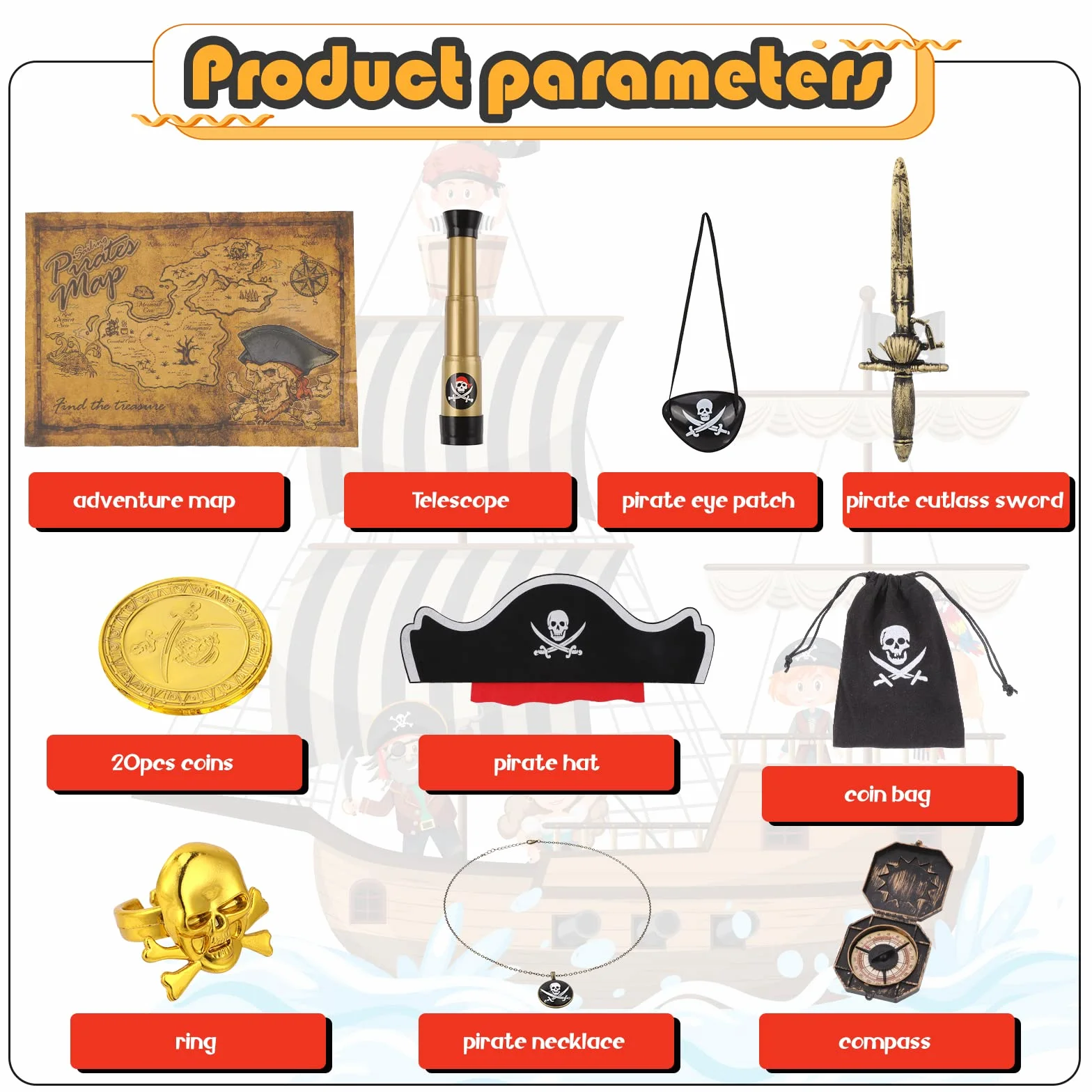 29 sztuk akcesoria do kostiumów piratów, kapeluszy, naszywki, motyw pirackiego oka kompasu, naszyjnika, monety, mapa, kostium kapitana pirata, na karnawał dla chłopców, dziewcząt