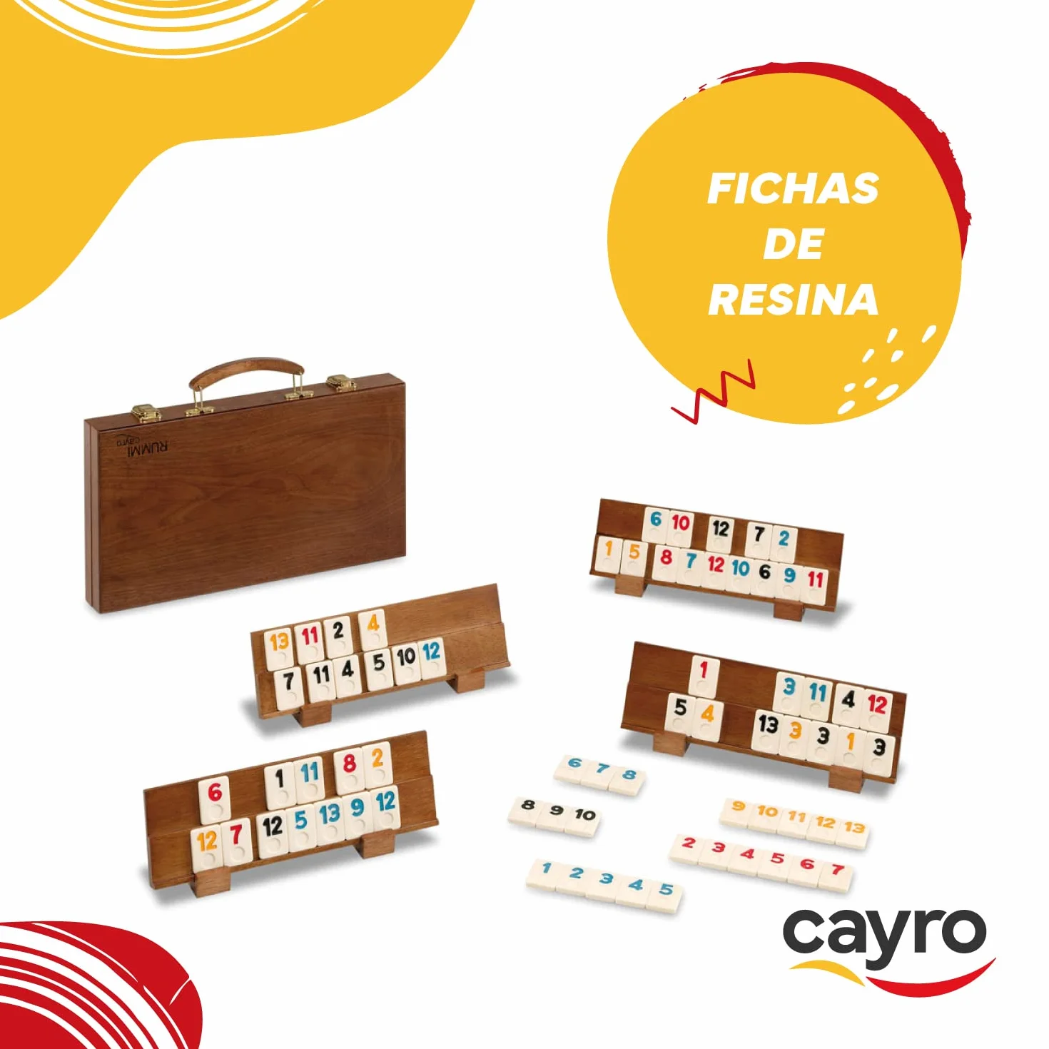 Cayro - Rummi Classic - Elegancki model - + 8 - Zabawna gra planszowa - Idealna dla dzieci i dorosłych - Walizka i 4 drewniane uchwyty - 2 do 4 graczy