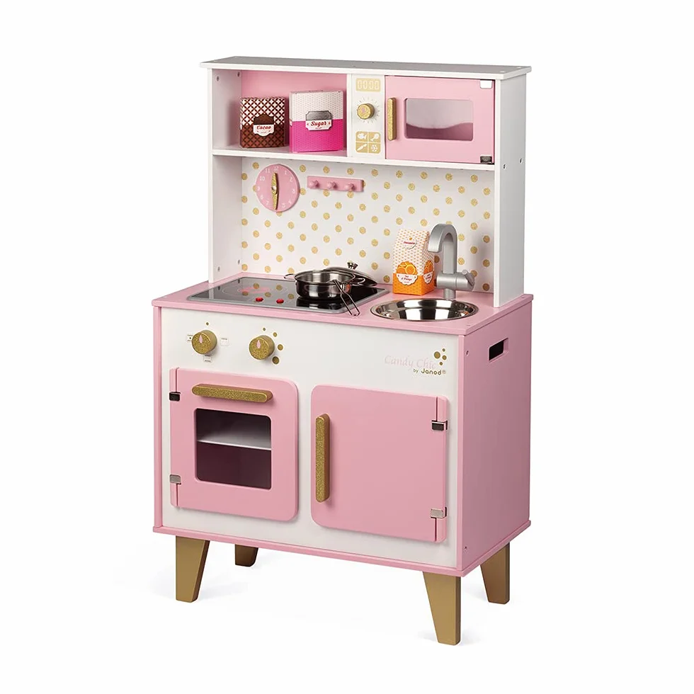 Janod - Candy Chic Big Wooden Cooker for Children - Equipped with Fridge and Microwave, Sound and Light - Pretend Play - 6 Accessories Included - For children from the Age of 3, J06554, Pink and White
