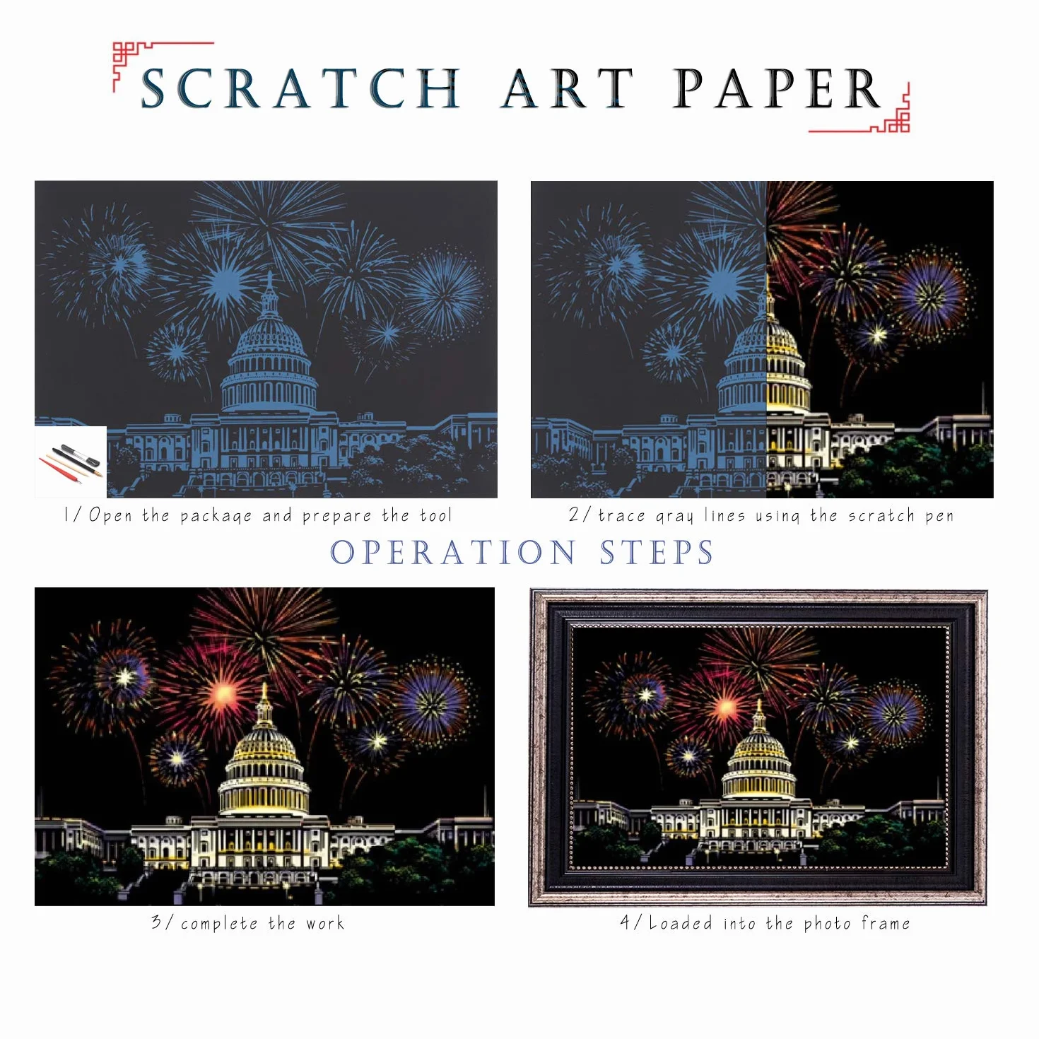 Scratch Paper Rainbow Painting Sketch, City Series Night Scene, Scratch Painting Creative Gift, Scratchboard dla dorosłych i dzieci z 4 narzędziami (8 szt.)
