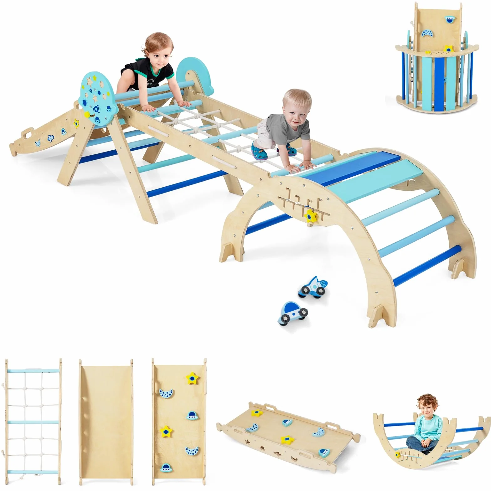 GOPLUS 9-w-1 zestaw do wspinaczki do użytku wewnątrz, trójkąt do wspinaczki z drewna, zestaw 4 szt. zabawek do wspinaczki z siatką do wspinaczki, łukiem do wspinaczki, huśtawkami i drabinką, w tym