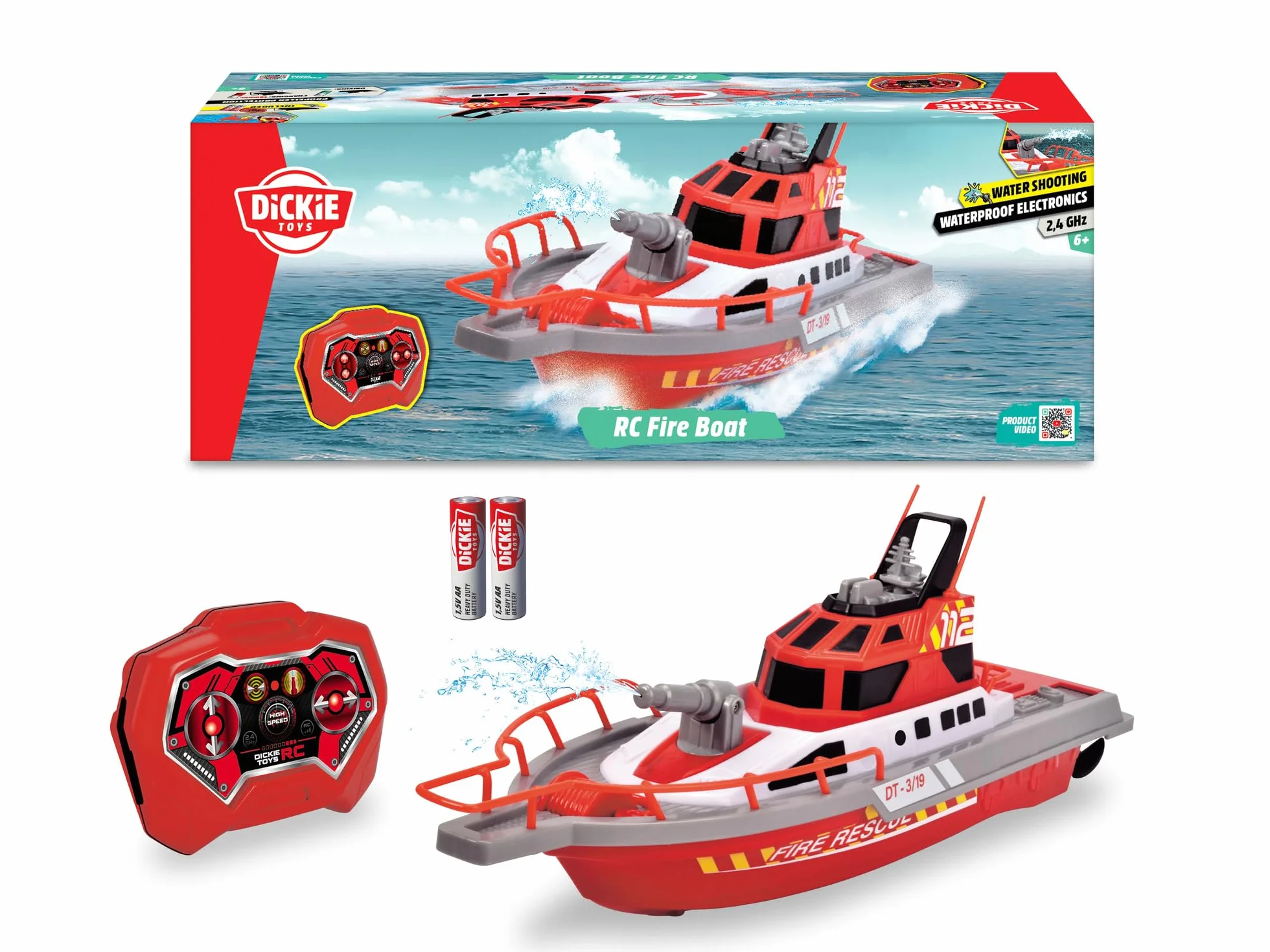 Dickie Toys Łódź Zdalnie Sterowana, Motorówka Straż pożarna 38 cm, wodoszczelna, prędkość 3 km/h, rozpylanie wody, zabawka wodna zdalne sterowanie łódką na basenie, nad jezioro, dla dzieci od 6 lat