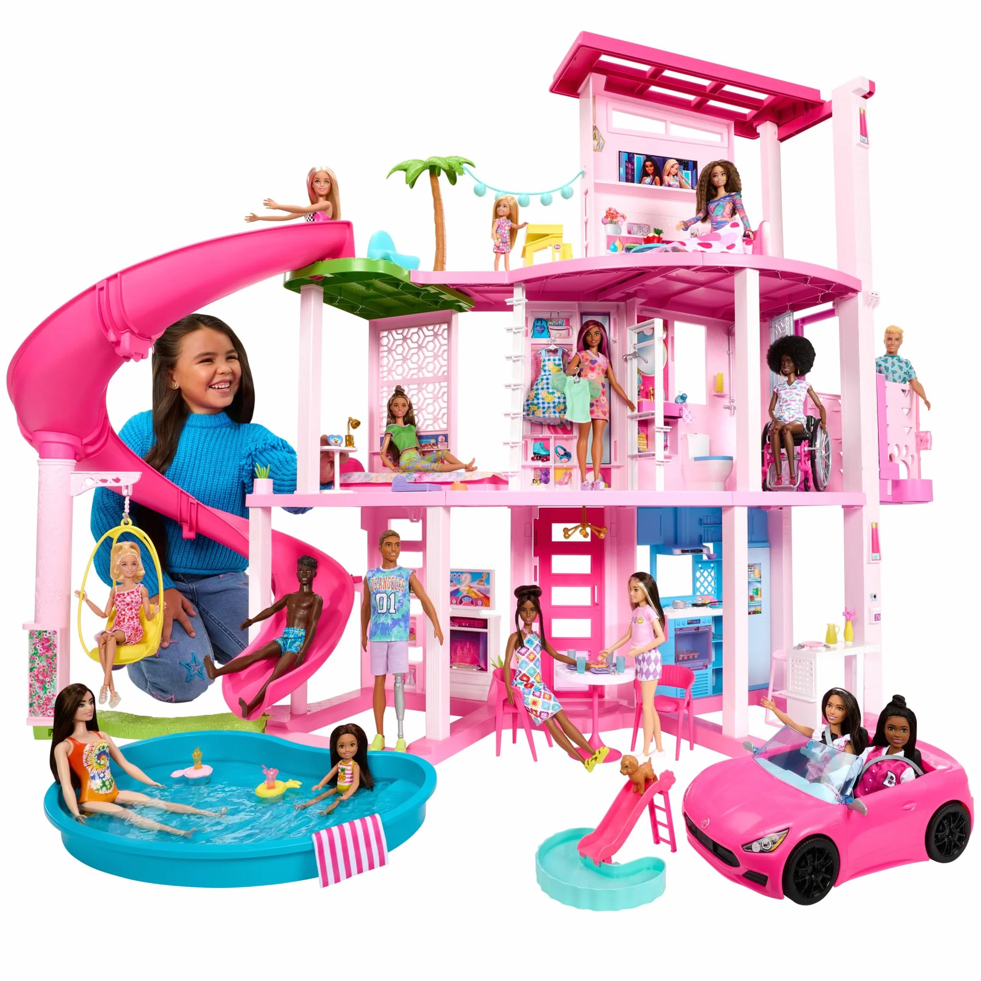 Barbie Dreamhouse Dom Marzeń Domek dla lalek ze zjeżdżalnią sięgającą górnego poziomu, windą i miejscem do zabawy dla zwierzątek oraz ponad 75 akcesoriami, HMX10