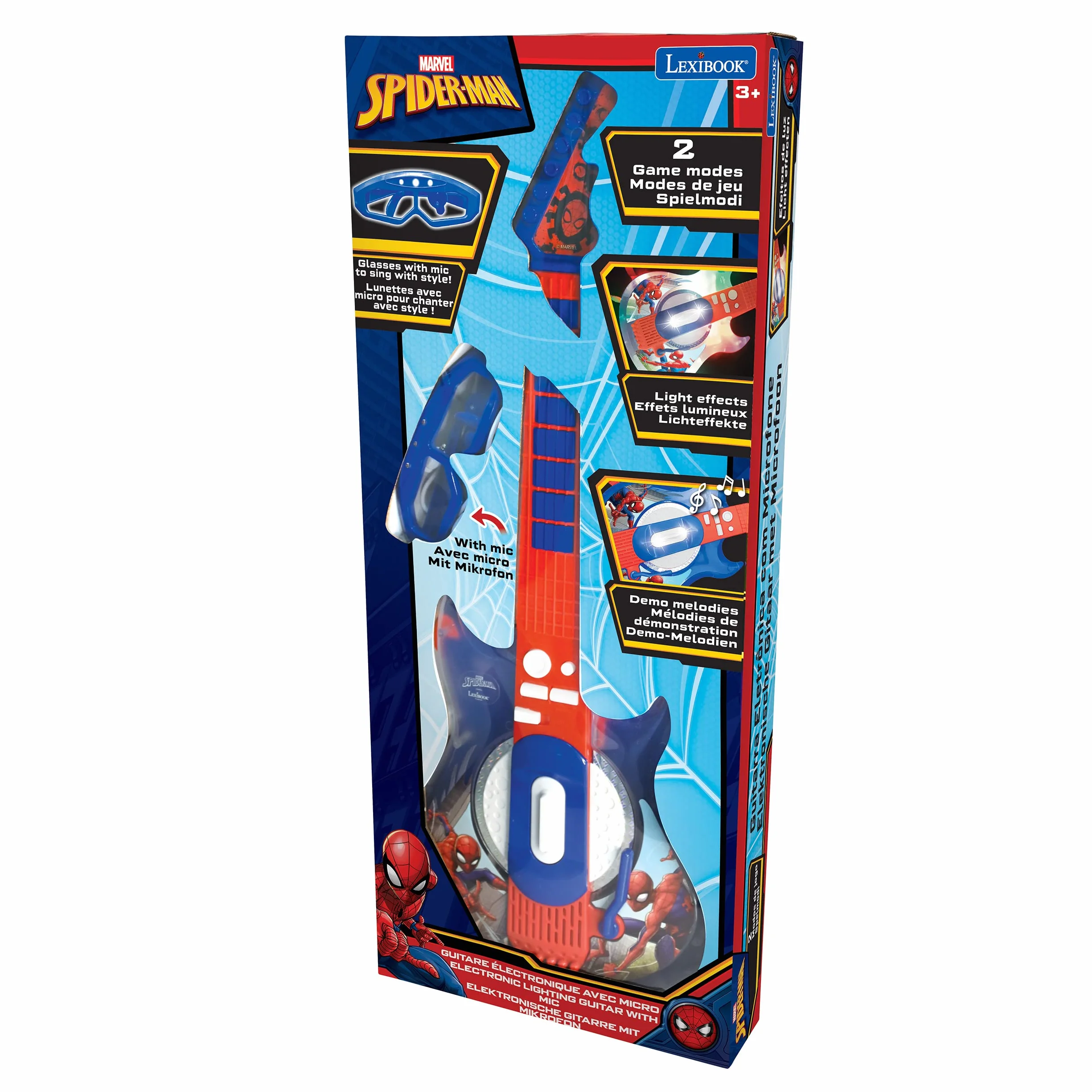 Lexibook K260SP Spider-Man Elektroniczna Gitara Oświetleniowa z Mikrofonem, Okulary z Mikrofonem, Utwory Demonstracyjne, 2 Tryby Gry, Wtyczka Mp3, Niebieski, Czerwony