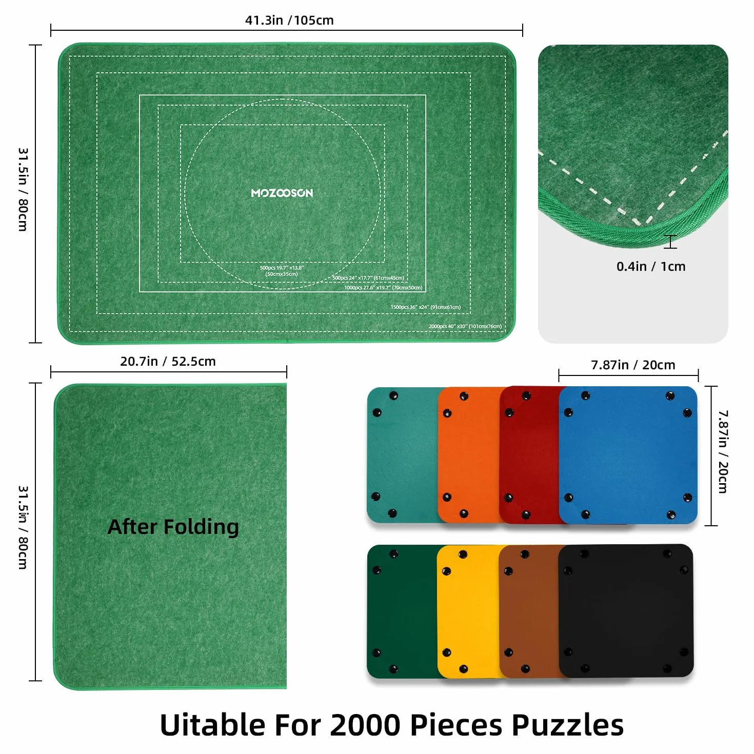 MOZOOSON Składana tablica do puzzli 2000 elementów, przechowawcza z 8 tacami do sortowania, przezroczysta pokrywa, 105 x 80 cm
