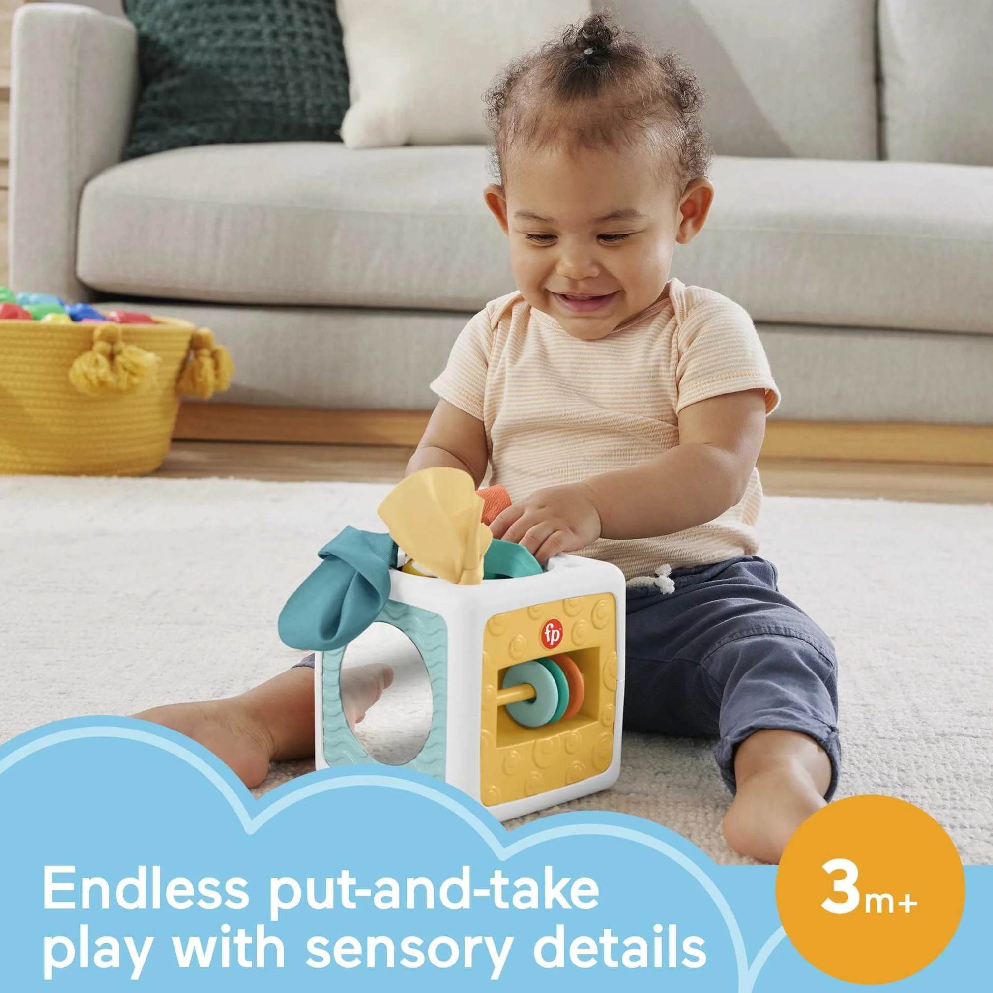 Fisher-Price Kostka sensoryczna Pudełko chusteczek zabawka dla niemowląt, zabawa na brzuszku, szeleszczące zabawki, HML64