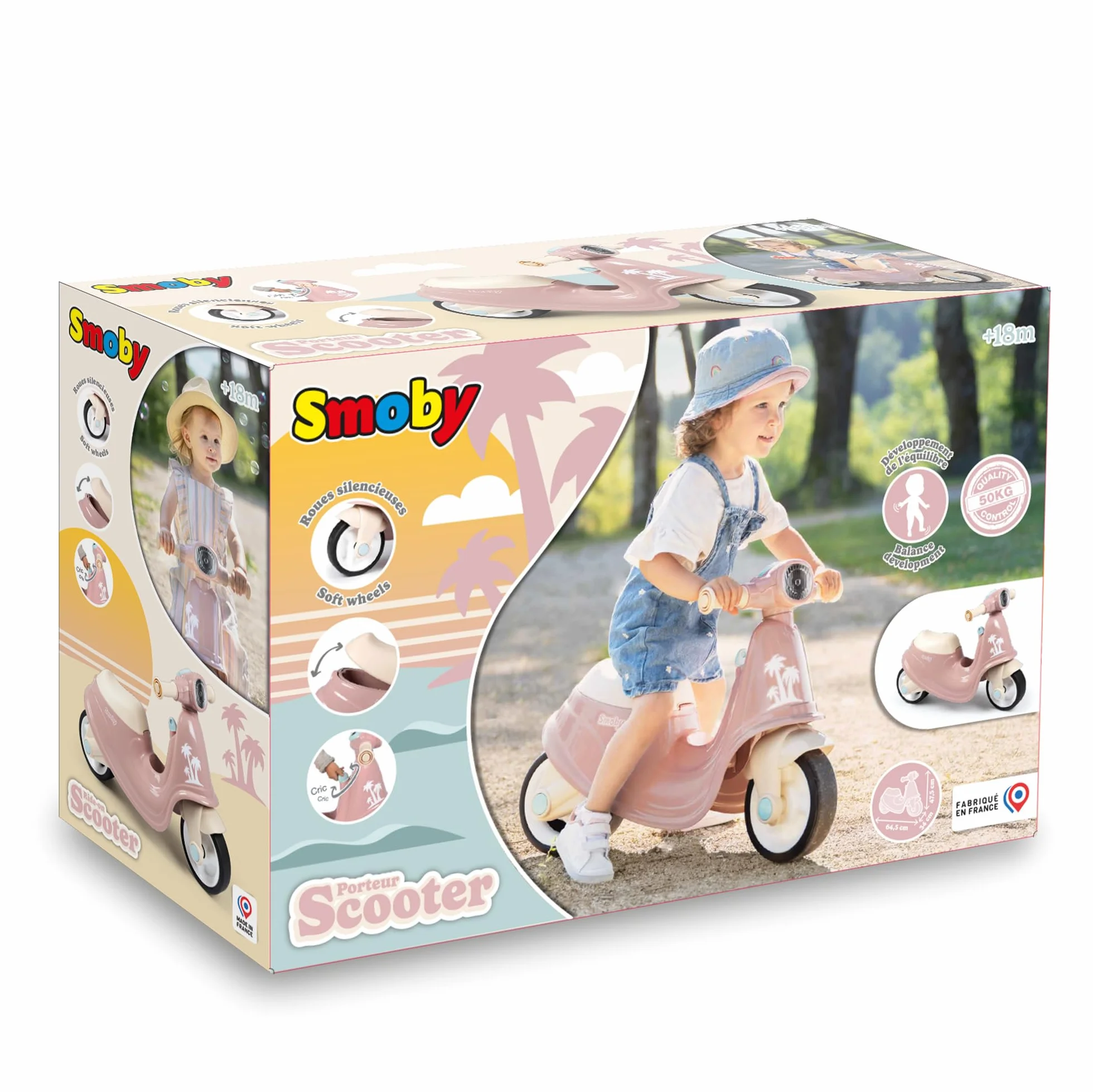 Smoby - Różowy skuter jeździk - Realistyczny design - Mechaniczny kluczyk, Przedni reflektor - Ciche koła - Skrzynia na zabawki - Od 18 miesięcy