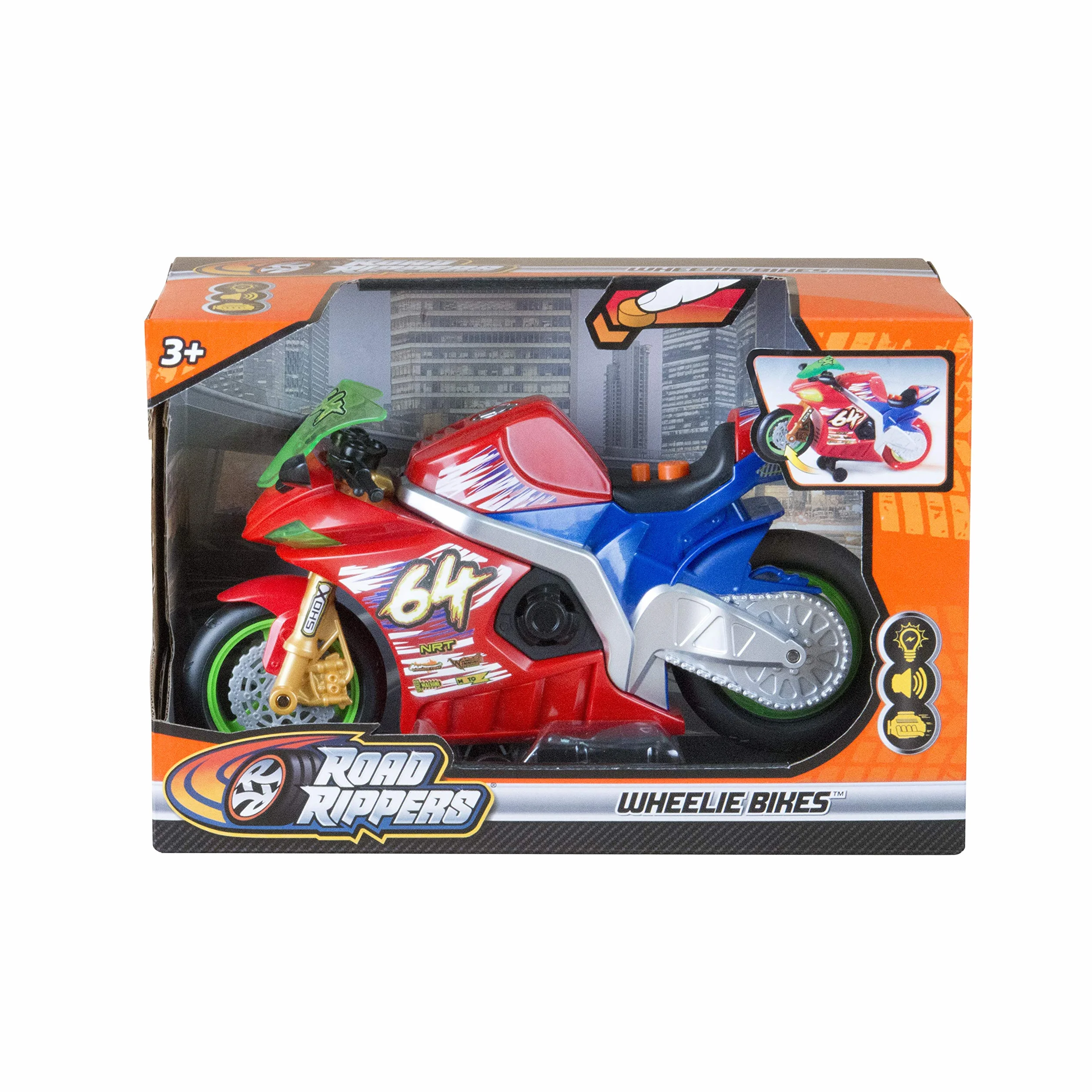 Nikko 20031 Road Rippers Wheelie motocykl wyścigowy porusza się po naciśnięciu przycisku, przednie koło unosi się, świecące koła, efekty świetlne i dźwiękowe, łącznie z bateriami, dla dzieci od 3 lat,