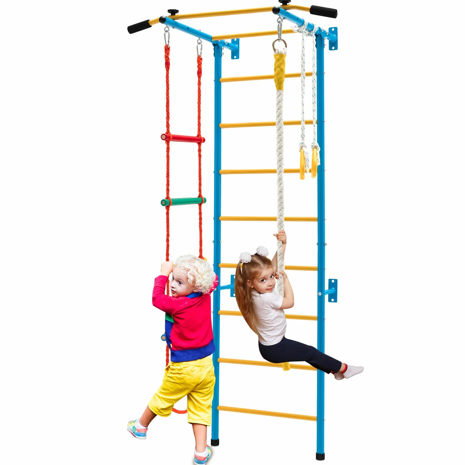 COSTWAY Ścianka wspinaczkowa dla dzieci, metalowa ścianka gimnastyczna, sprzęt gimnastyczny, rusztowanie wspinaczkowe, 107 x 83 x 223 cm, sprzęt sportowy dla dzieci i dorosłych do 100 kg (żółty i