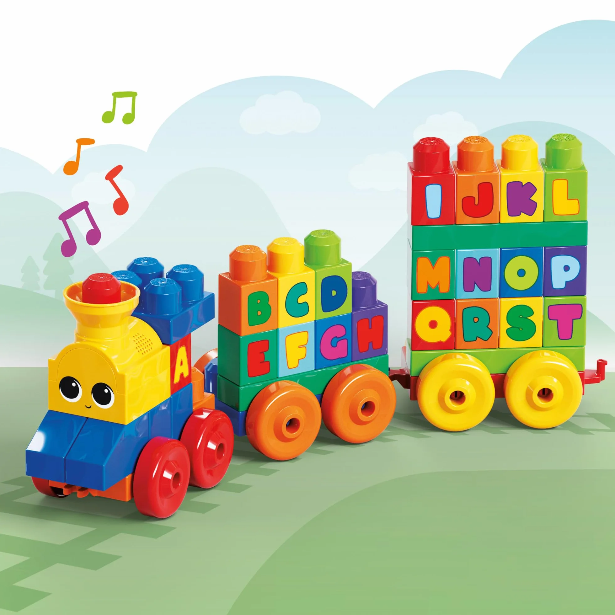 Mega Bloks Muzyczny Pociąg ABC z klockami z literkami odtwarzający realistyczne dźwięki i muzykę, FWK22