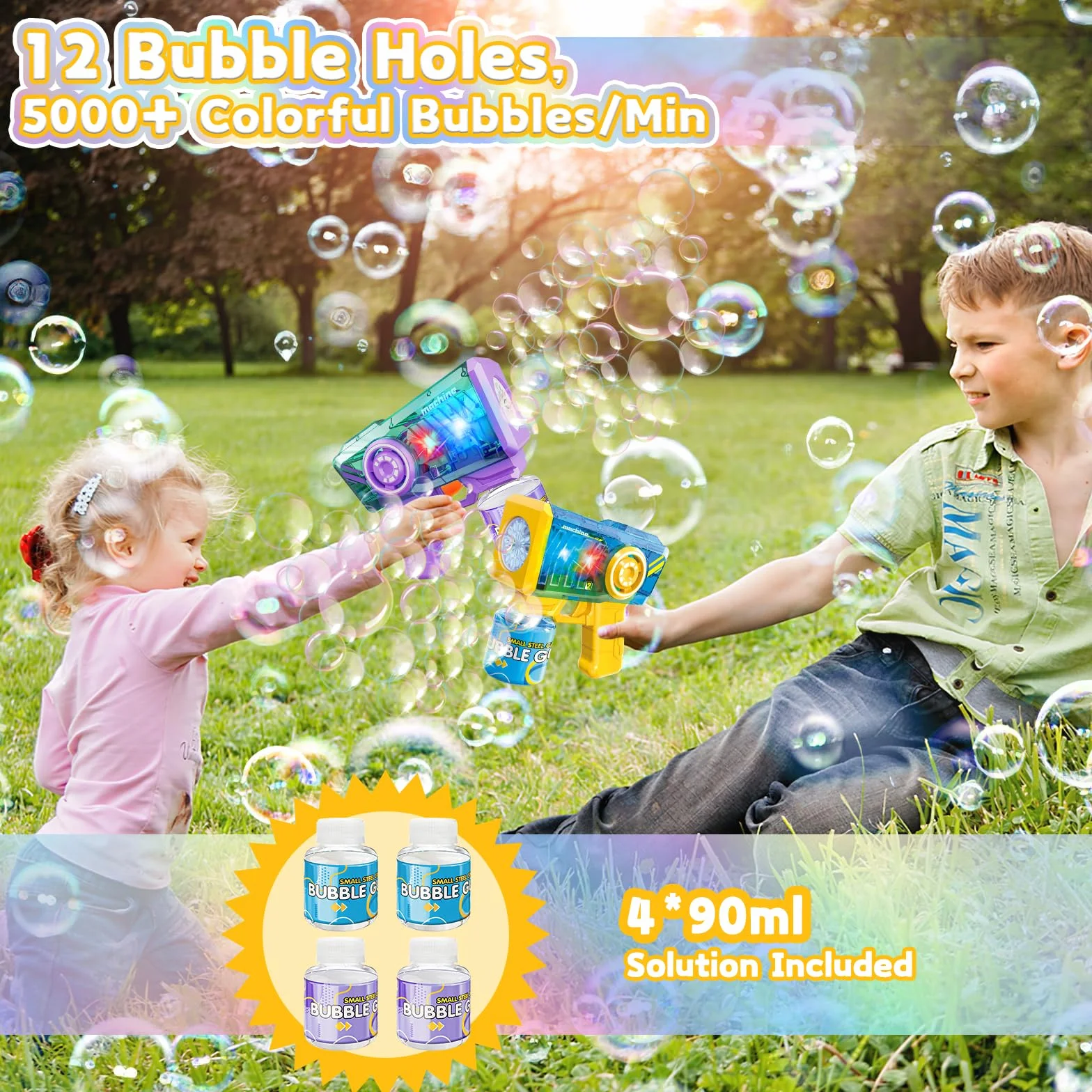 deAO 2 pistolety do baniek mydlanych, automatyczny pistolet do baniek bąbelkowych z lampami, 4 x 90 ml roztworu bąbelkowego, maszyna do baniek bąbelkowych, zabawki ogrodowe, prezent na wesele