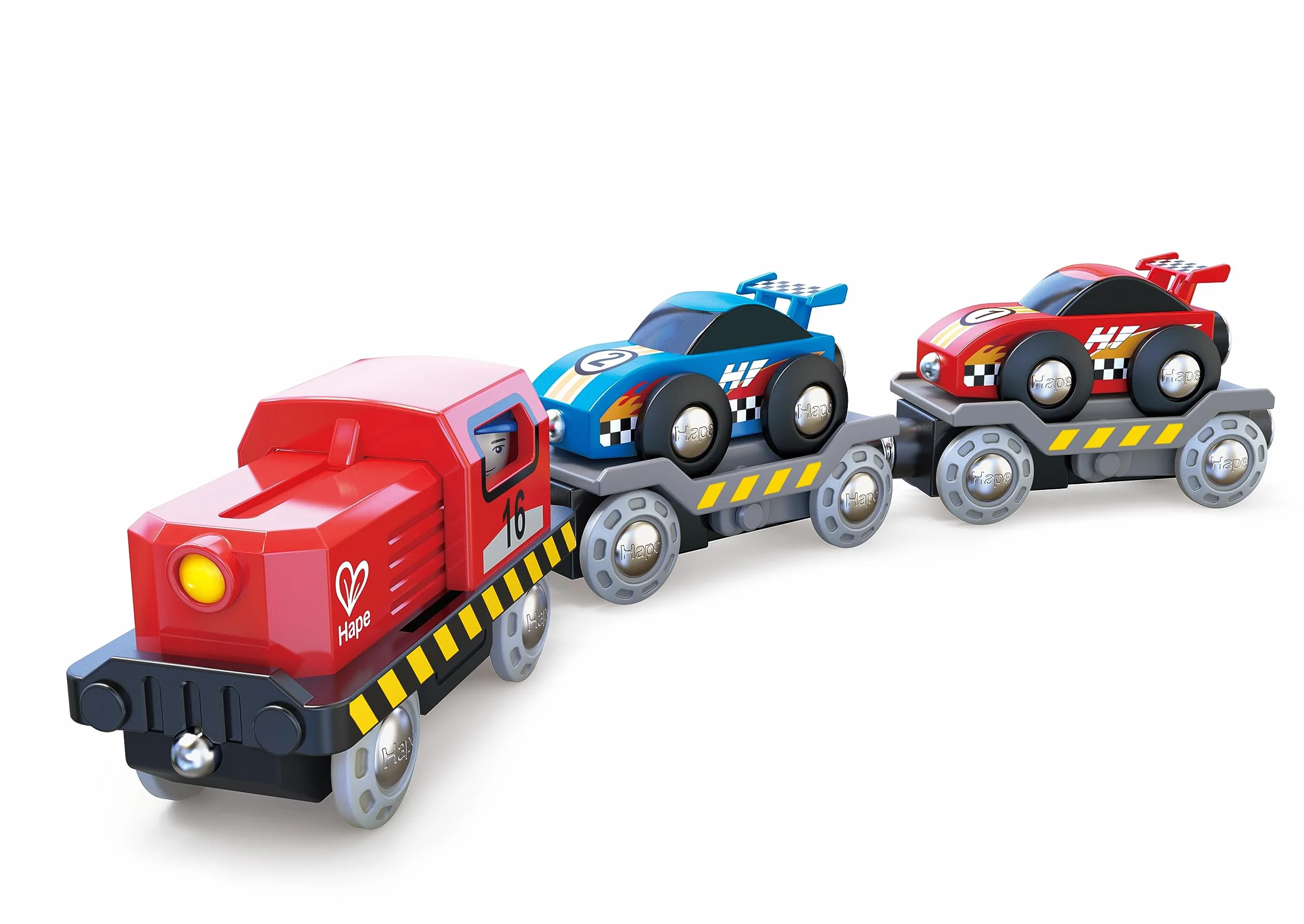 Hape E3735 Race Car Transporter Railway Engine - Wooden Train Track Accessories