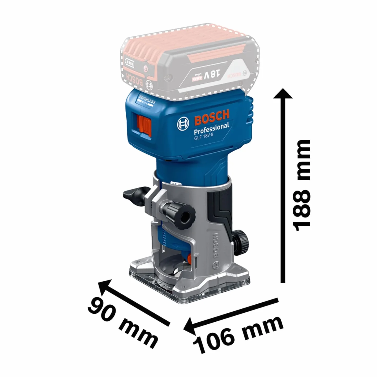 System prof. 18 V firmy Bosch: frezarka akum. GLF 18V-8 (prow. równ., adapter do ods. pyłu – frez. pow., adapter do ods. pyłu – frez. krawędzi, prow. rolk., tuleja zac. 8 mm, klucz, bez akum./ład.)