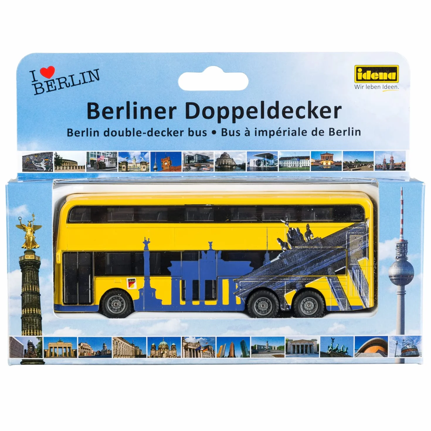 Idena 40107 model autobusu berlińskiego dwupokładowego z silnikiem cofania 18,5x13,5x4,5 cm żółty zabawka pamiątka kolekcjonerski