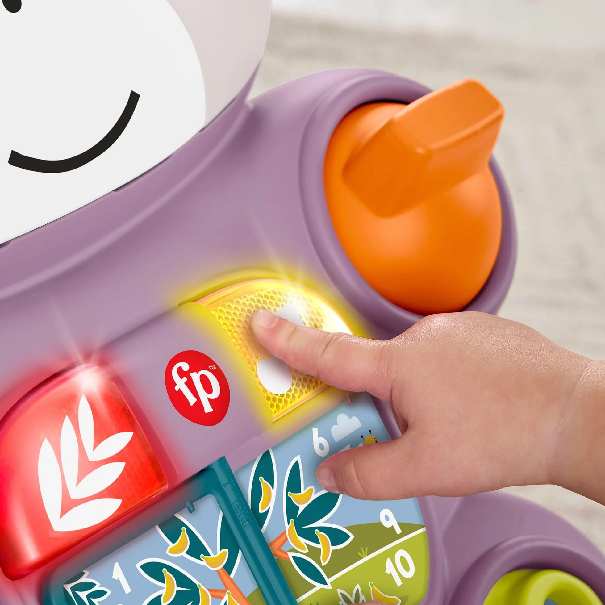 Fisher-Price Fioletowa Małpka Interaktywny Chodzik-Pchacz Muzyka, światełka i elementy aktywizujące, interaktywna zabawka dla dzieci od 6 miesiąca życia, JGW90