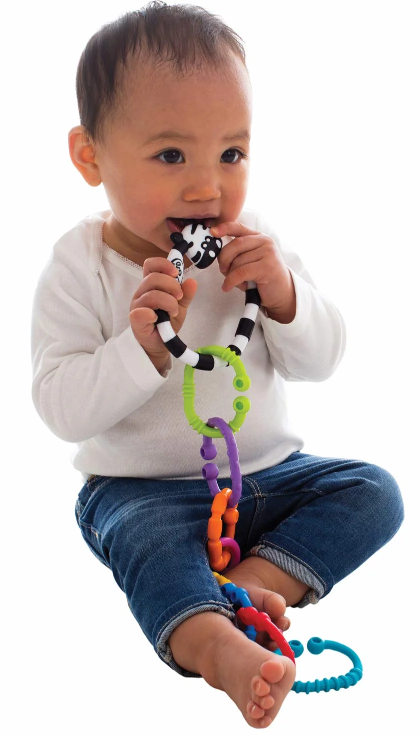 Playgro 184558 łańcuch z grzechotką Zebra, 9-częściowy, od 3 miesięcy, zebra 9 lewe opakowanie, kolorowy, 40141