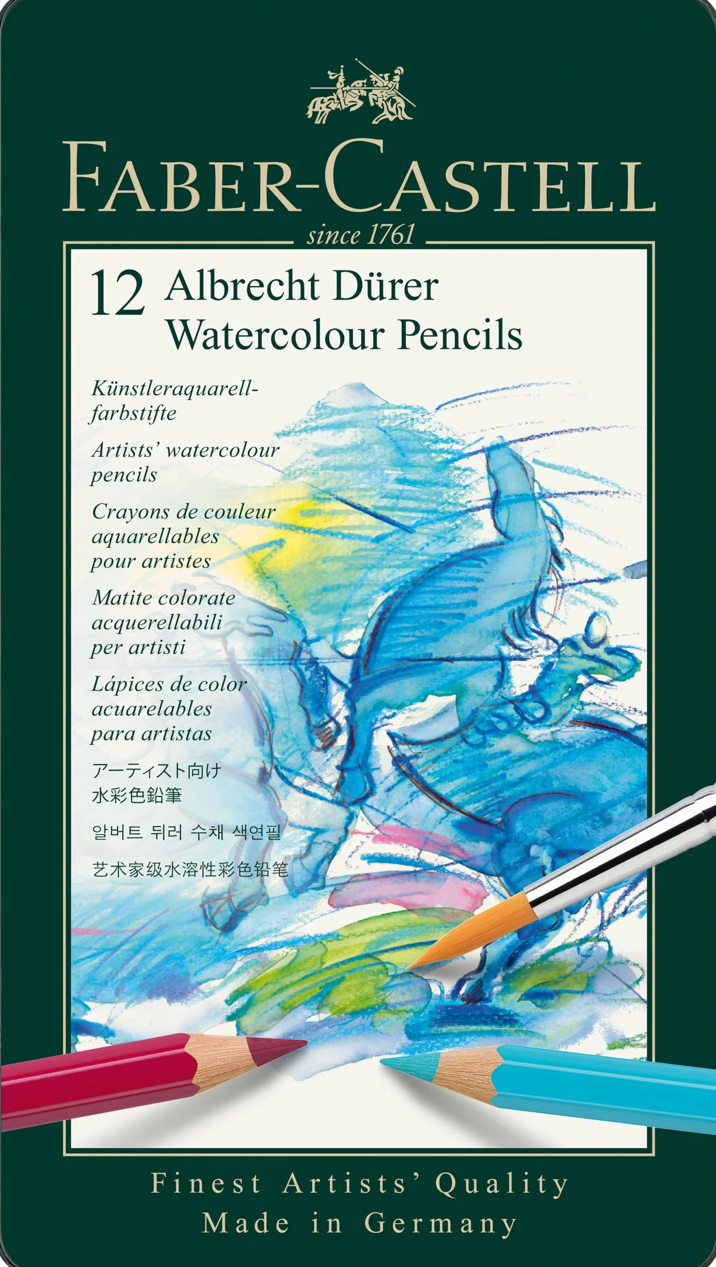Faber-Castell Albrecht Dürer Ołówek akwarelowy, wielokolorowy, puszka 12, do sztuki, rzemiosła, rysowania, szkicowania, domu, szkoły, uniwersytetu, kolorowania