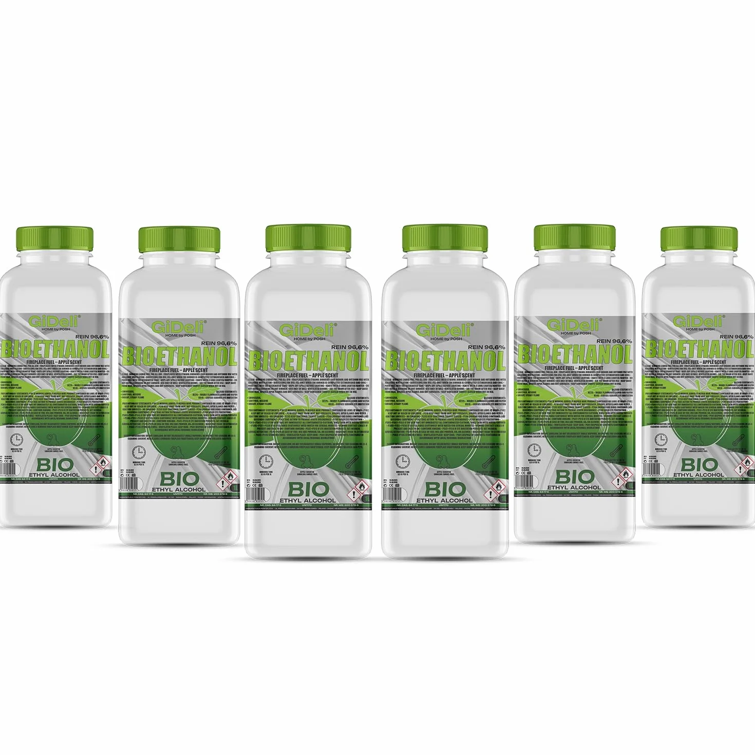GiDeli bioetanol 6 x 1 l zapach jabłkowy 96,6% etanol do kominków wewnętrznych i zewnętrznych bez dymu i sadzy – z kukurydzy i buraków cukrowych